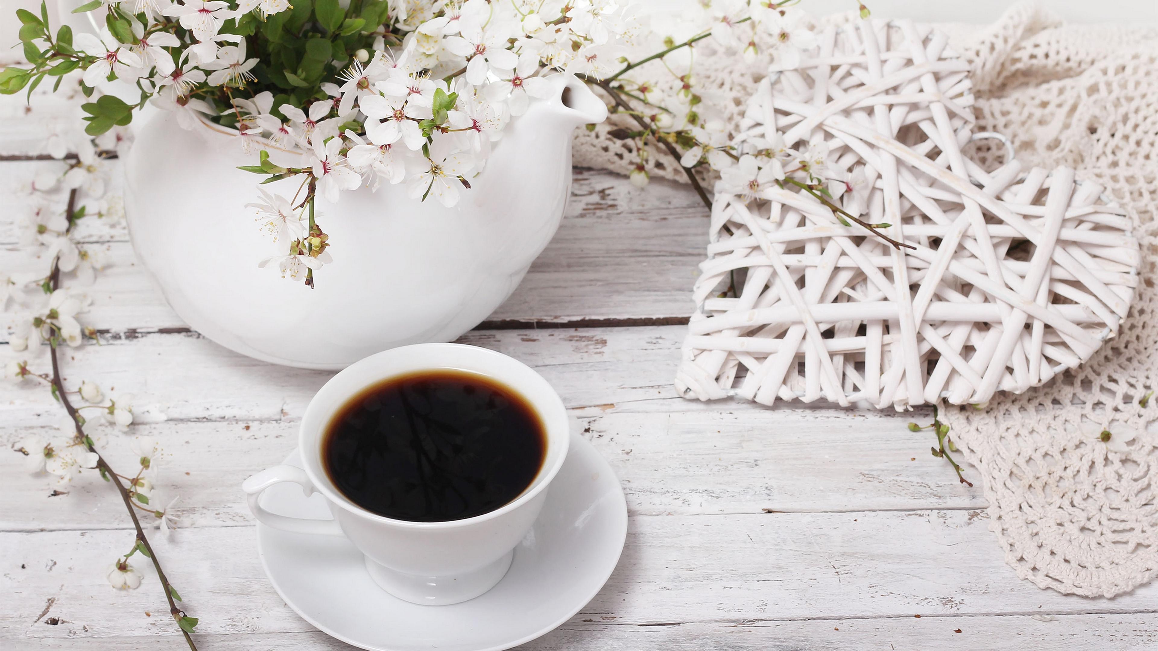 Spring flowers and a cup of coffee morning day