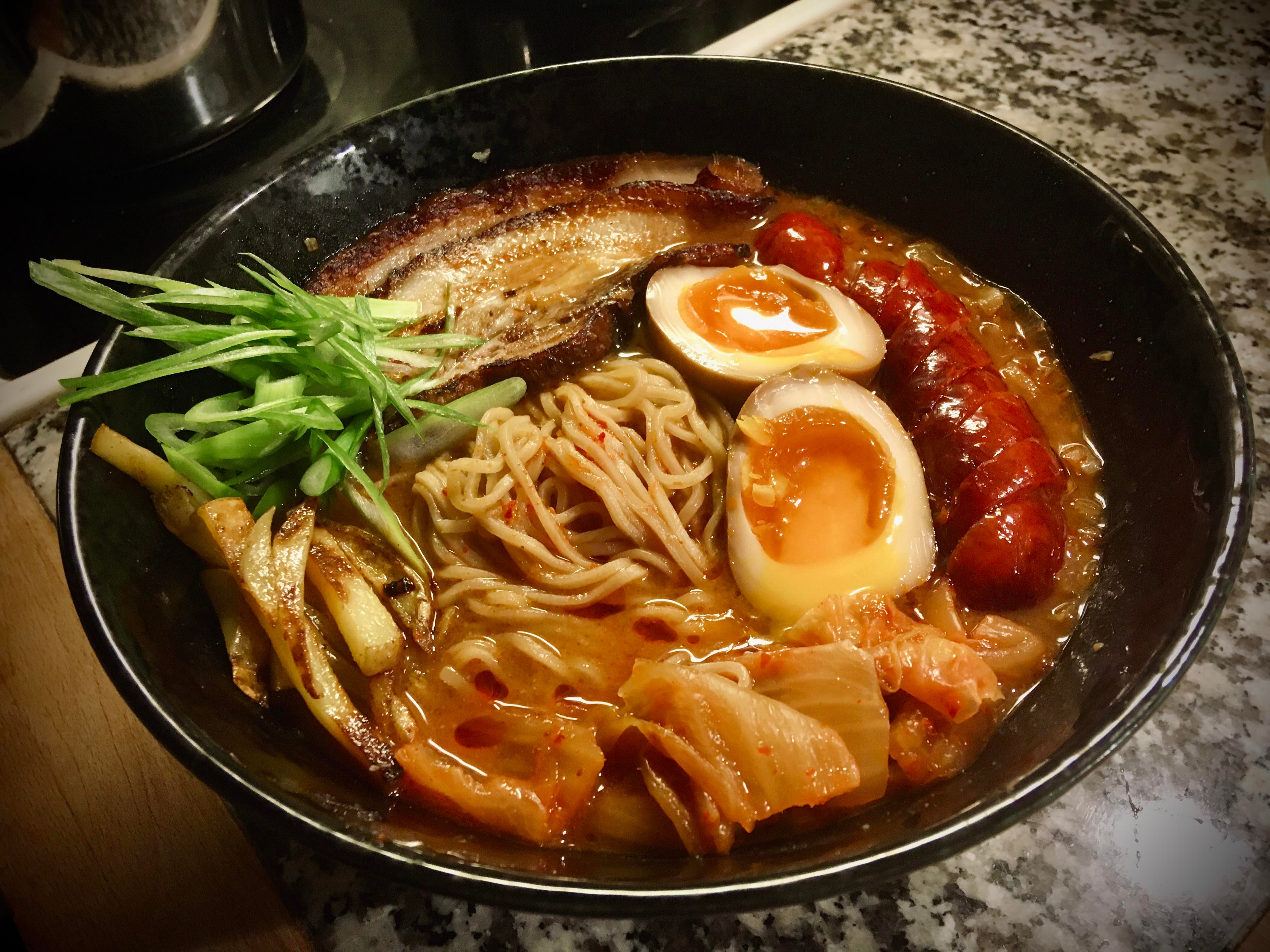 Overkill miso kimchi ramen with chashu, chorizo, ajitama, fried potato strips and four kinds of chili, Too Hungry for Presentation style