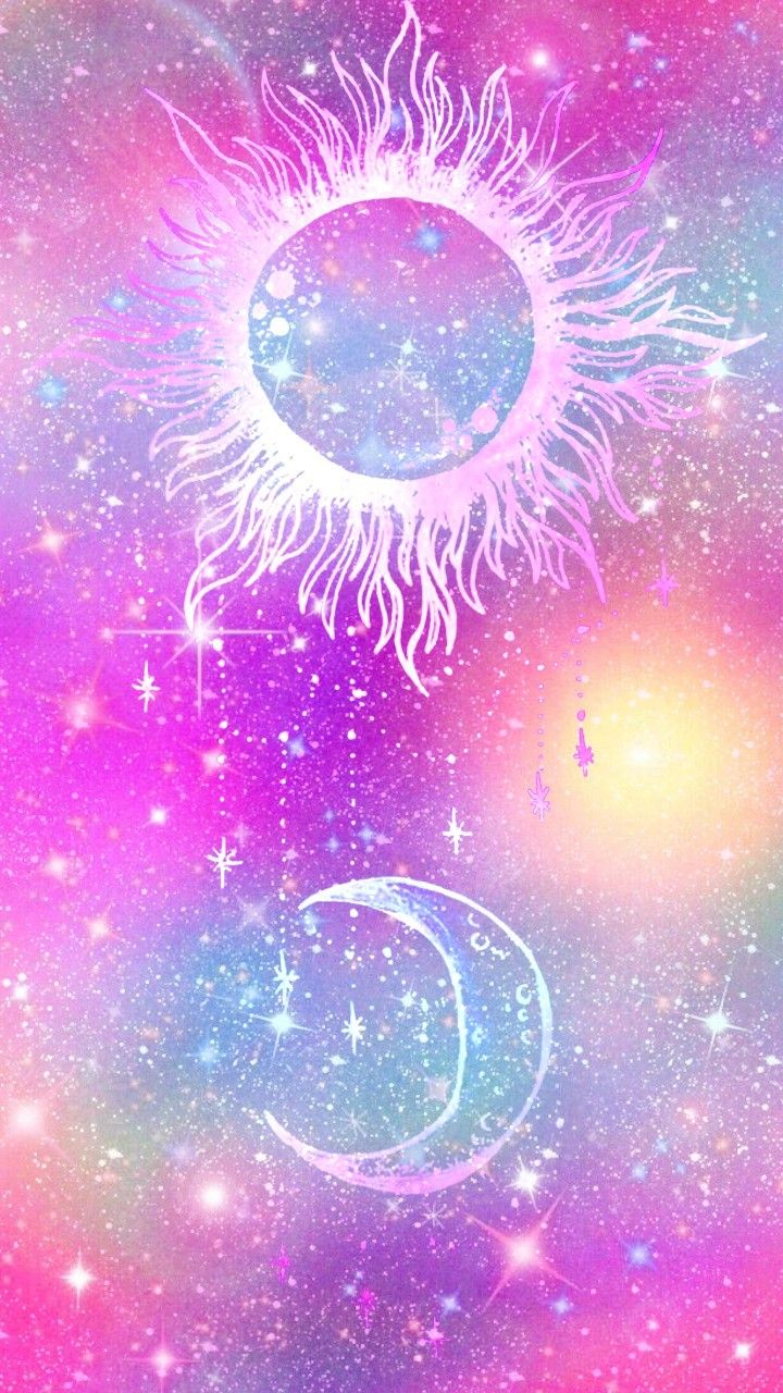 Sun and Moon galaxy, made by me #galaxy #glitter #sparkles #wallpaper # background #sparkles #glittery. Witchy wallpaper, Moon and stars wallpaper, Sky painting