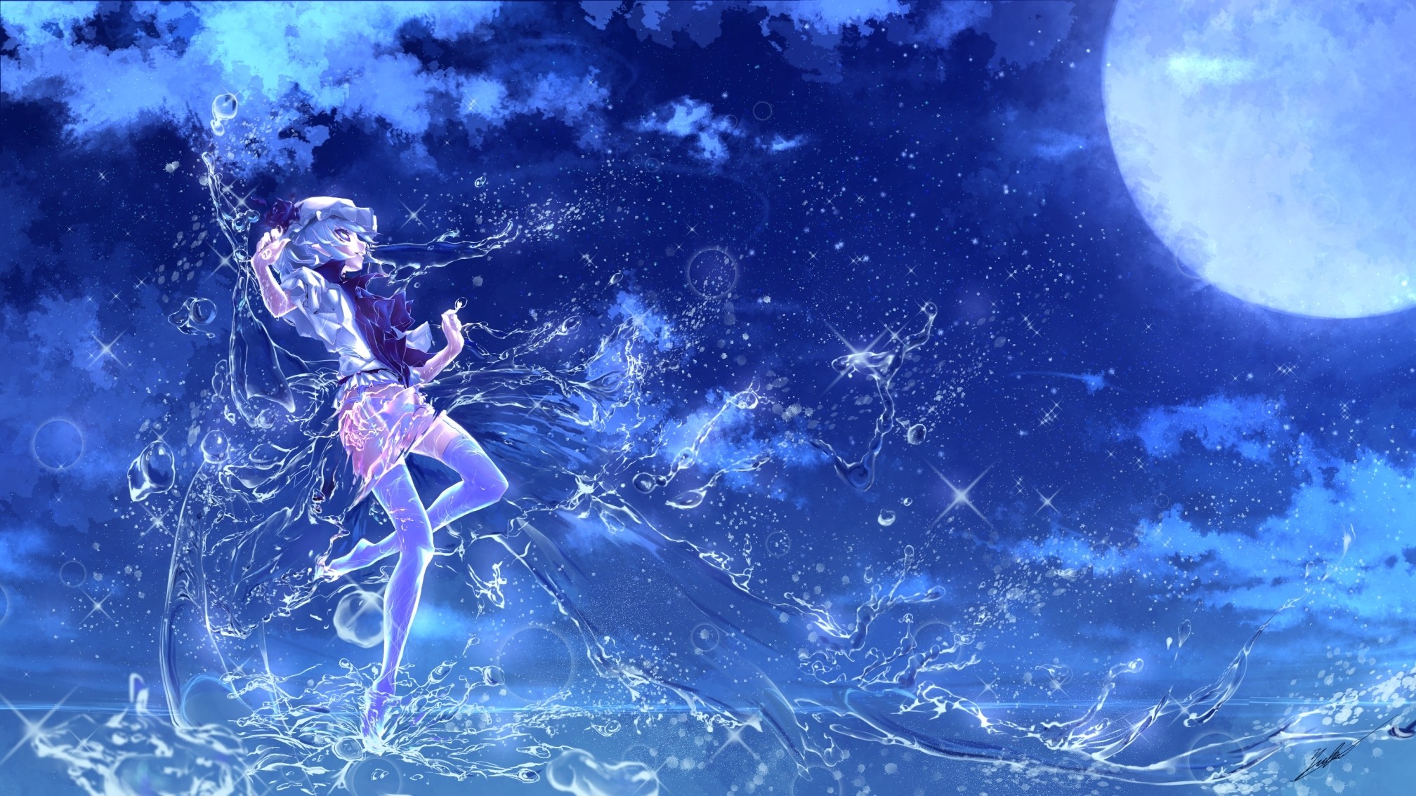 touhou, anime art, water girl, moon, glitter, background