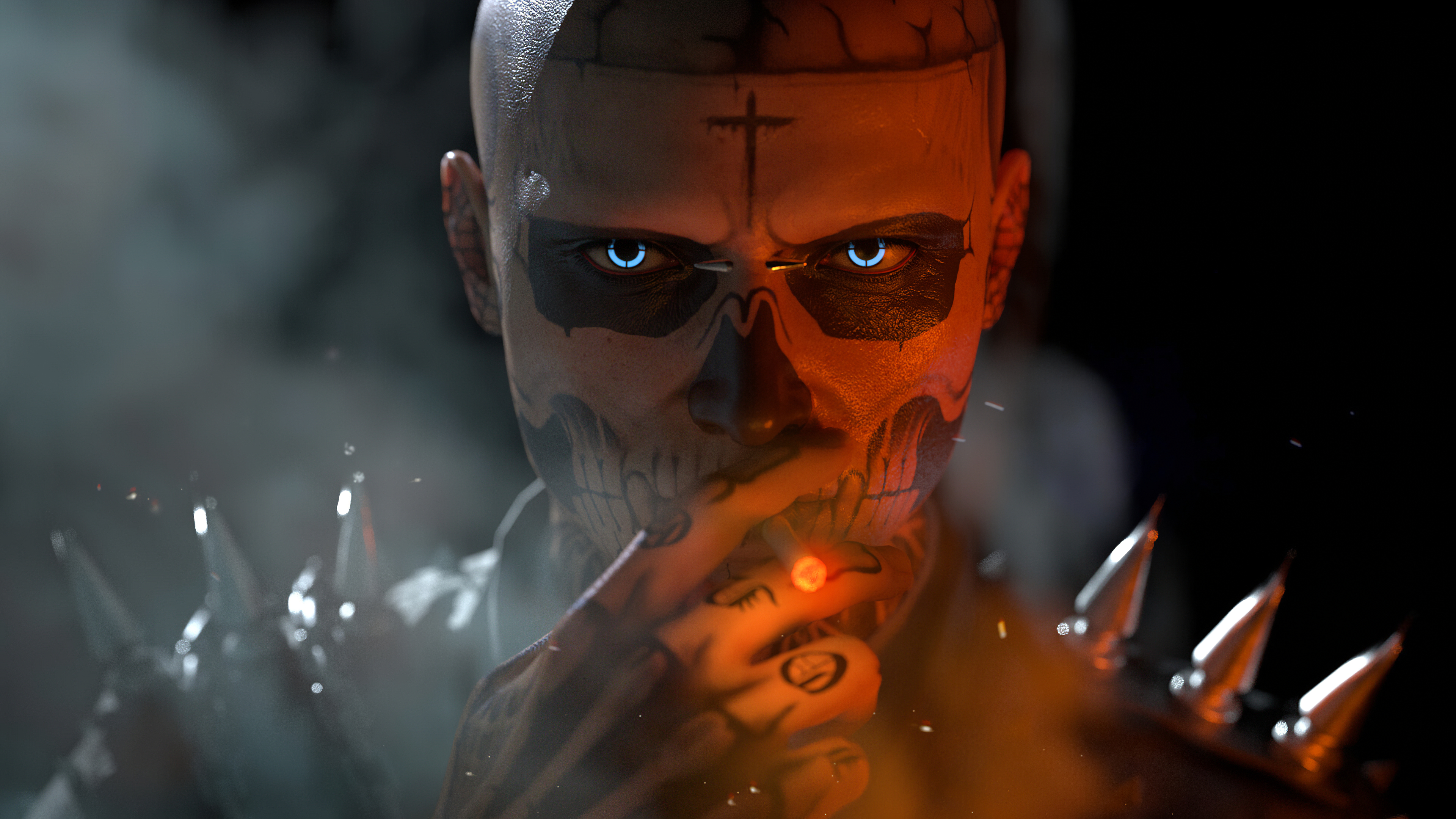 Wayne Wan Skeleton Spikes Cigarettes Tattoo Zombie Boy Rick Genest Frontal View Cross Skull Face Pai Wallpaper:3840x2160