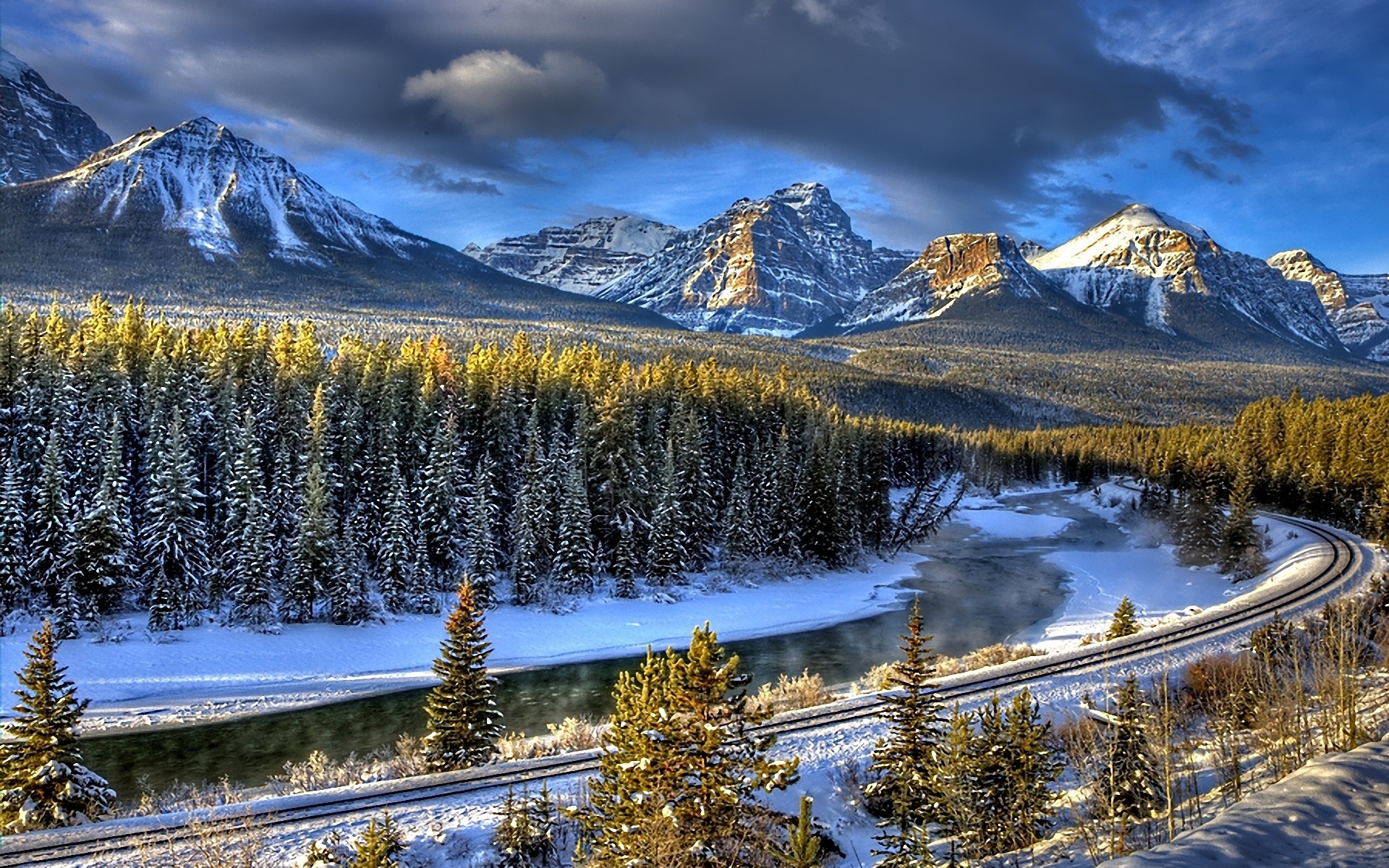 Wallpaper, railway, wood, river, fir trees, winter, cold 1920x1200