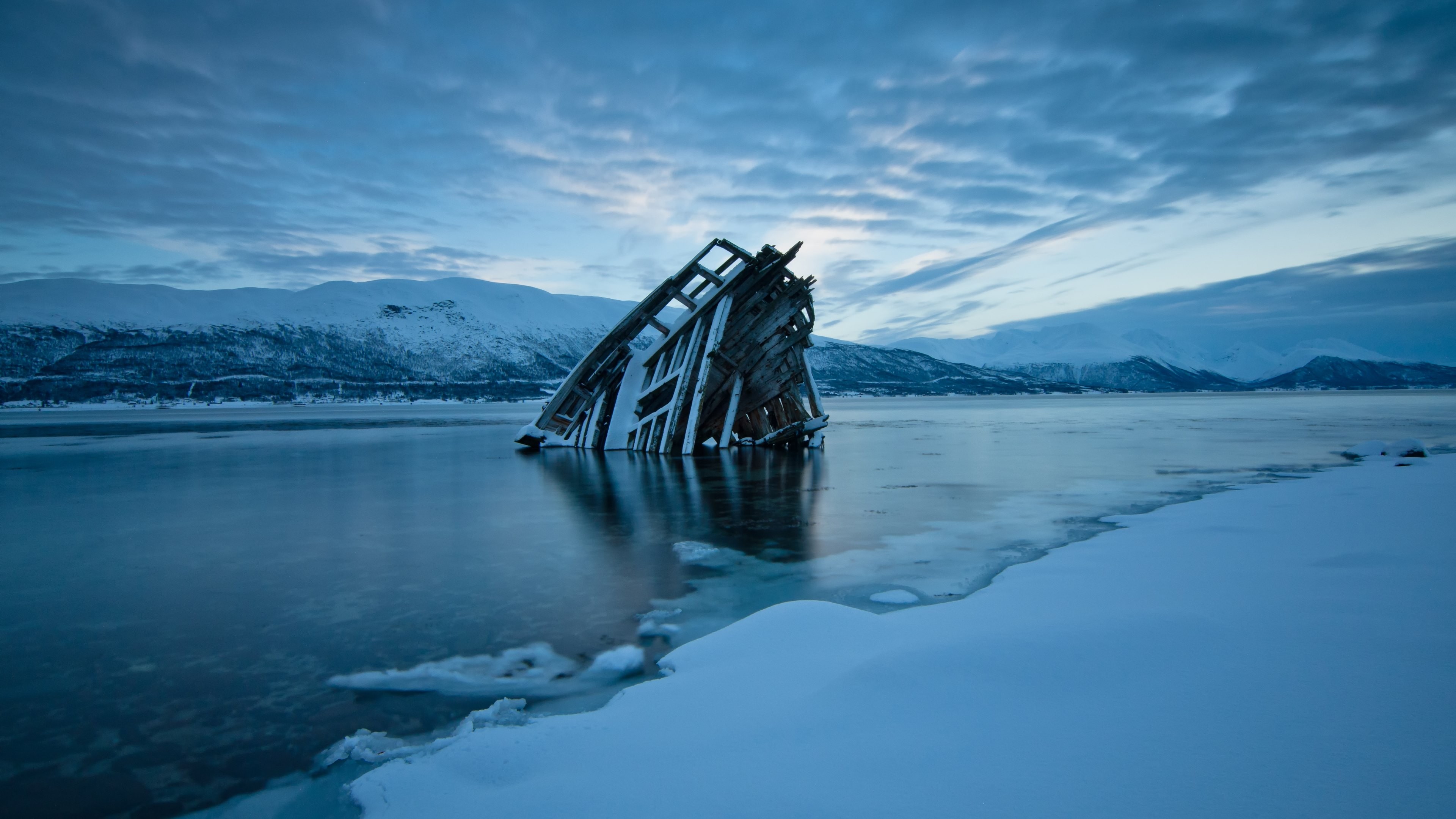 nature, Landscape, Clouds, Shipwreck, Winter, Mountains, Snow, Water, Frozen river, Frost, Ice, Norway, Evening, Wood planks Wallpaper HD / Desktop and Mobile Background
