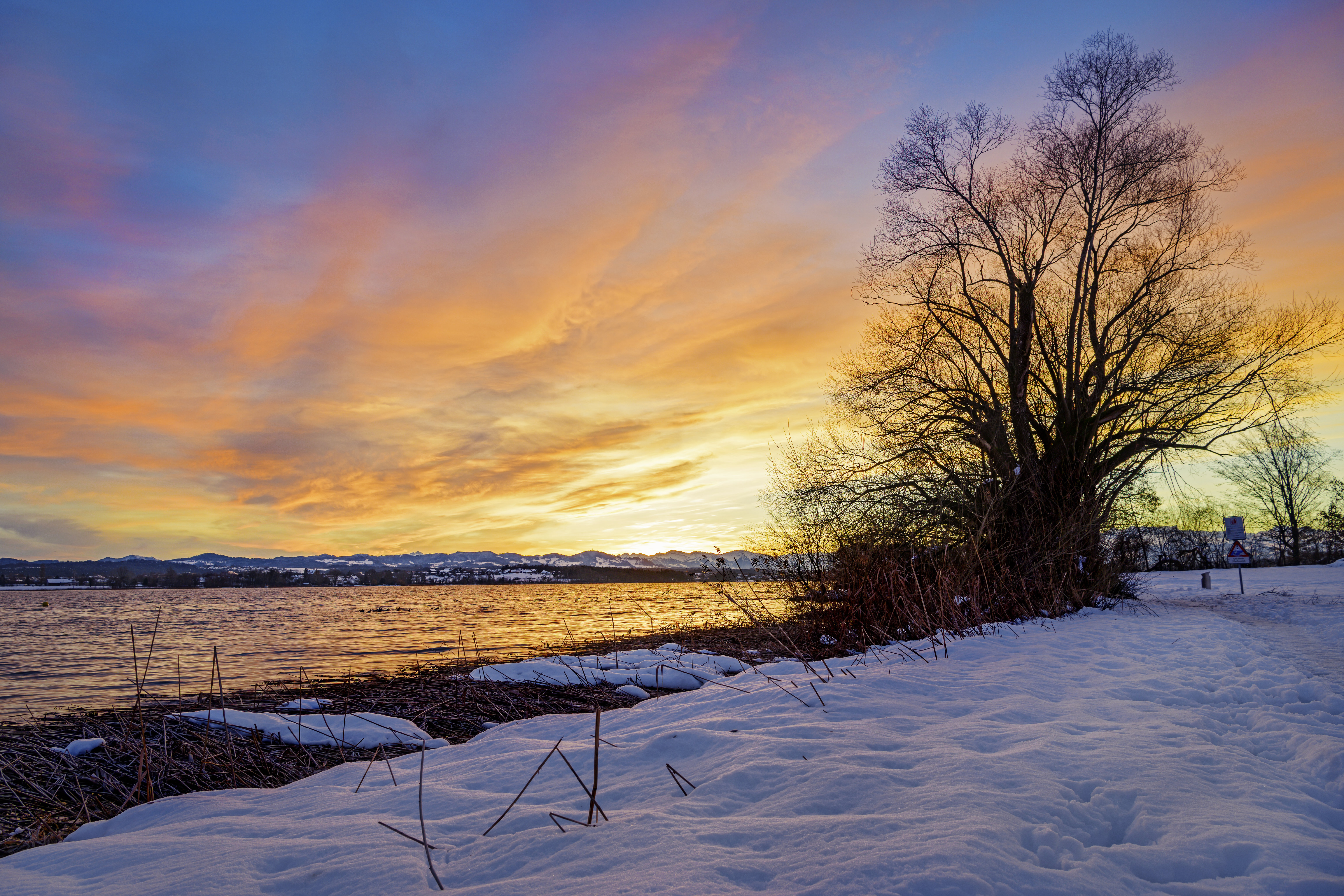 HD desktop wallpaper: Winter, Nature, Sunset, Snow, Lake, Wood, Tree, Landscape download free picture