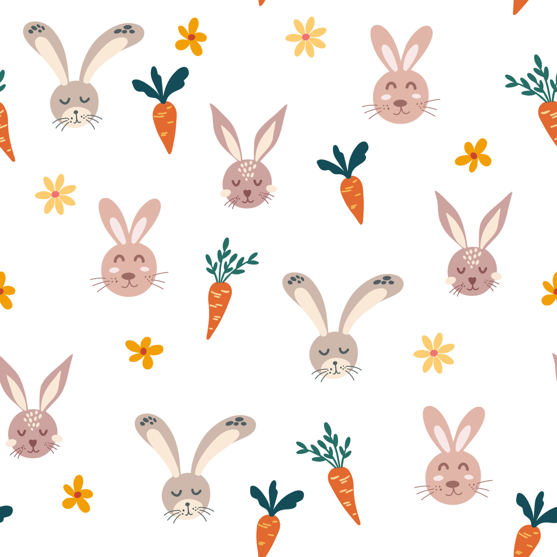 Rabbits carrots and flowers seamless pattern. Faces of cute hares. Kids background. Spring. Happy easter. Great for decoration flyers, banners, wallpaper, print products Vector cartoon illustration