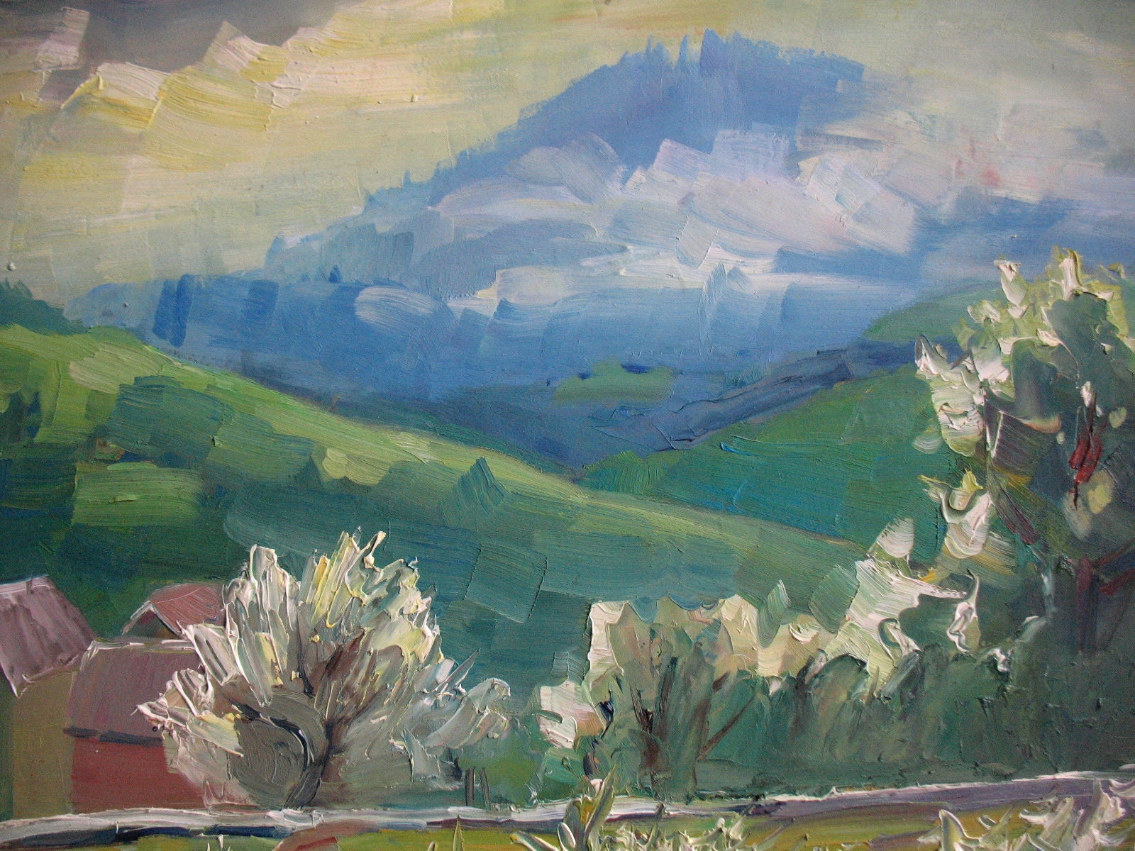 Green Painting Spring Mountain Landscape Windy Day Misty