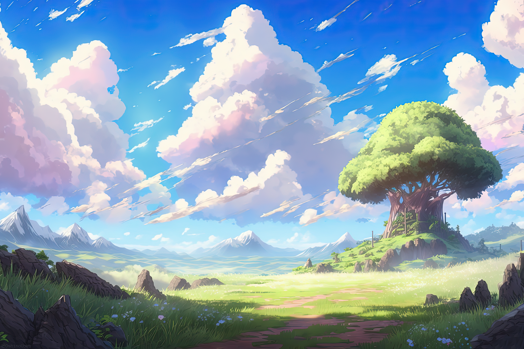 Wallpaper, Uomi, ai art, illustration, landscape, clouds, mountains, spring, grass 2000x1333
