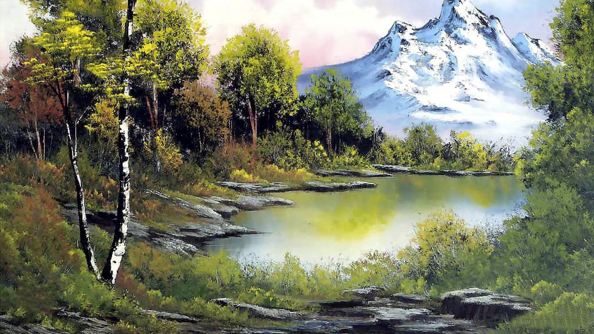 Mountain Forest & Sea Painting desktop PC and Mac wallpaper