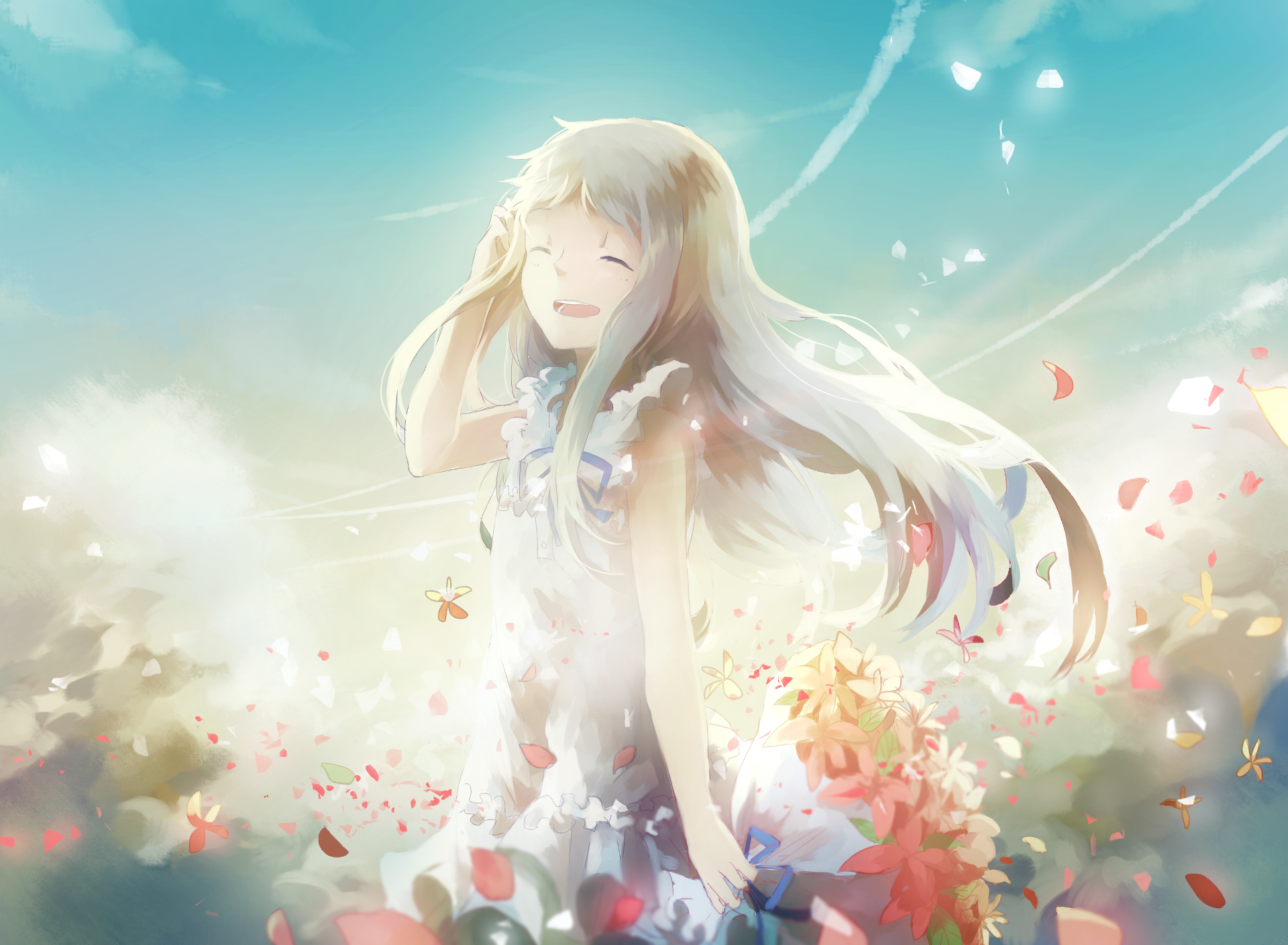 Wallpaper, illustration, anime, sky, dress, smiling, sun rays, Honma Meiko, Ano Hi Mita Hana no Namae wo Bokutachi wa Mada Shiranai, flower, computer wallpaper 1920x1408