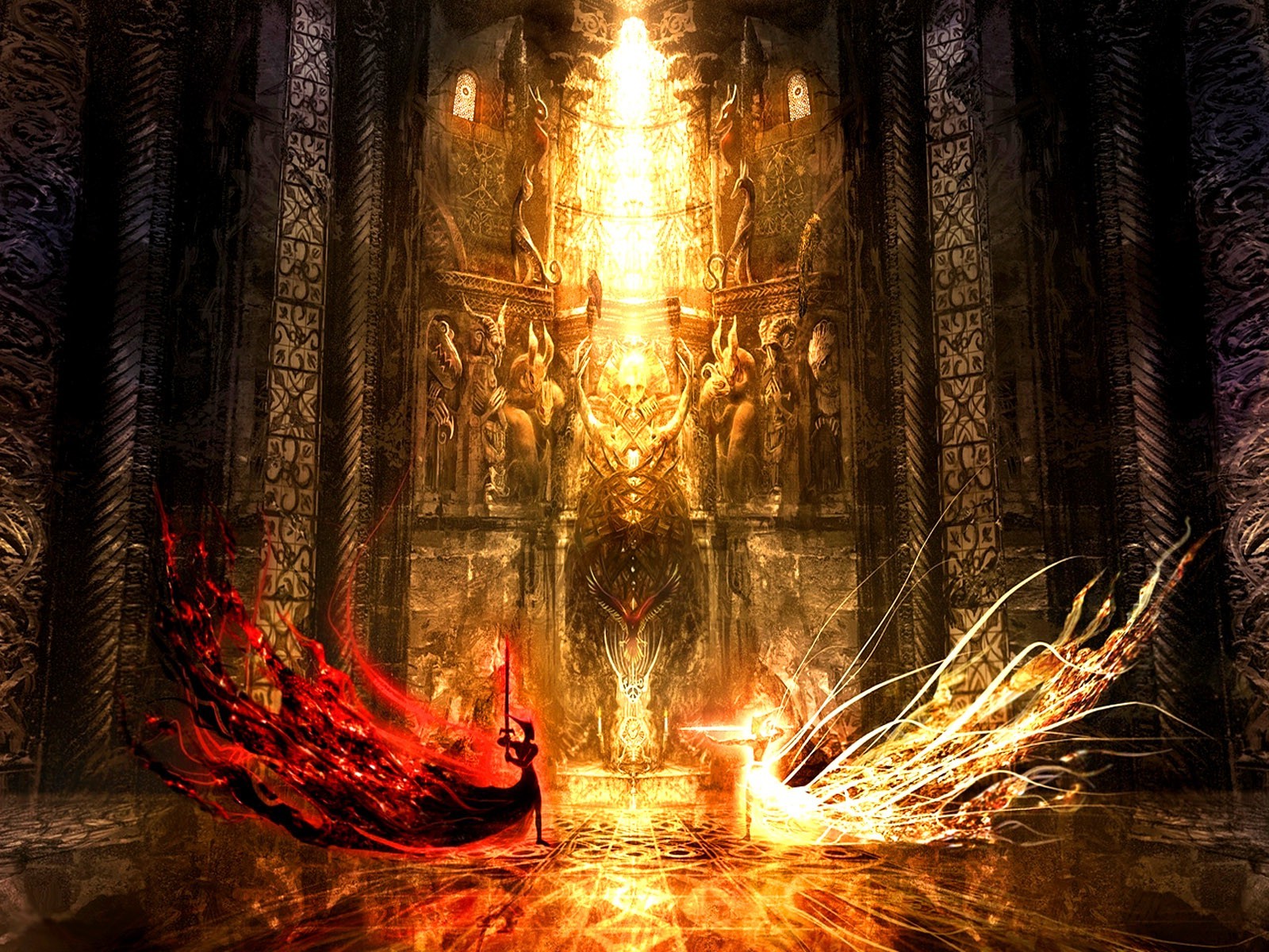 Wallpaper, 1600x1200 px, fantasy art, fighting, fire, sword, Yin and Yang 1600x1200