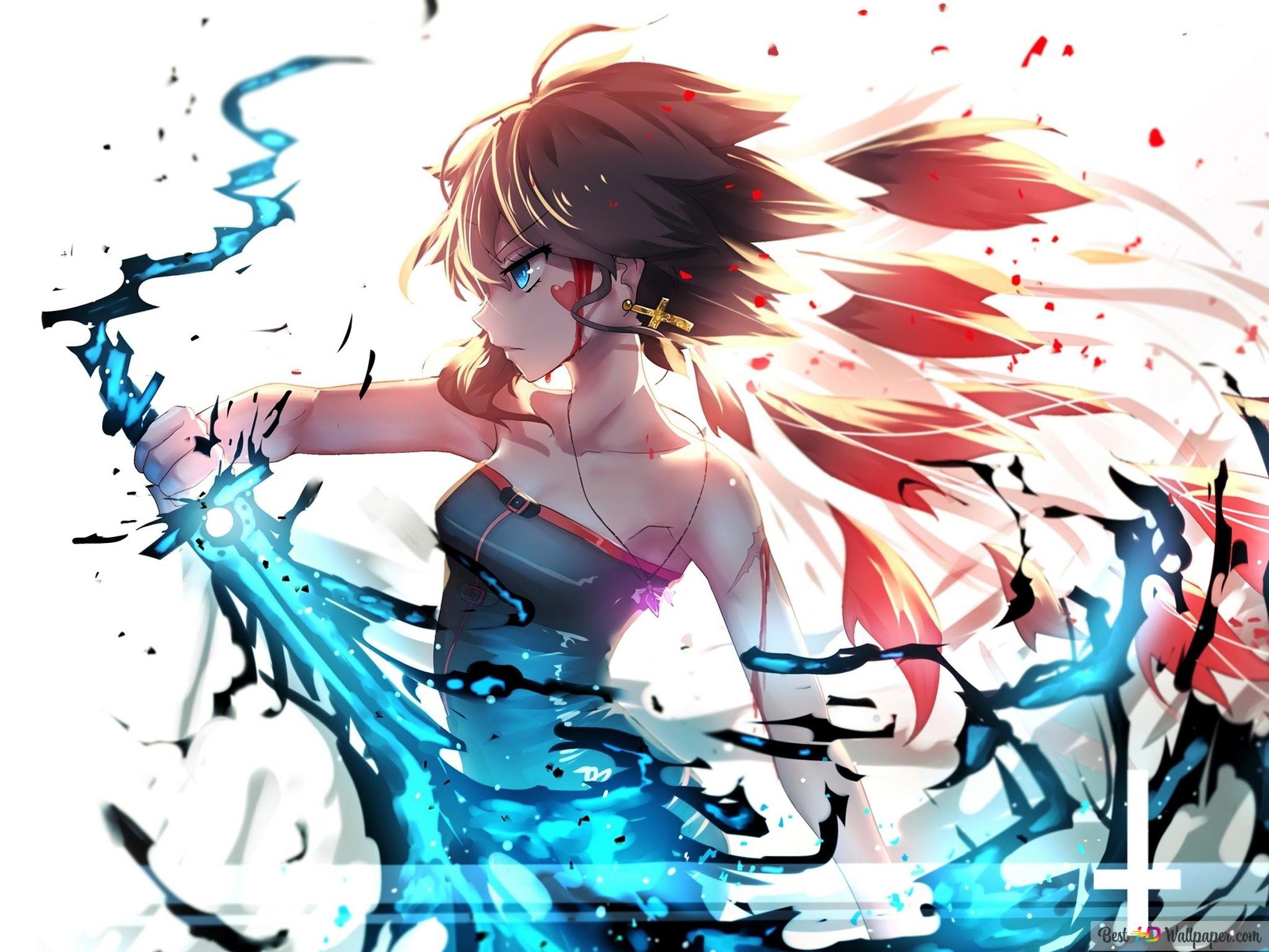 Pixiv Fantasia Anime Girl Flaming Sword 4K wallpaper download