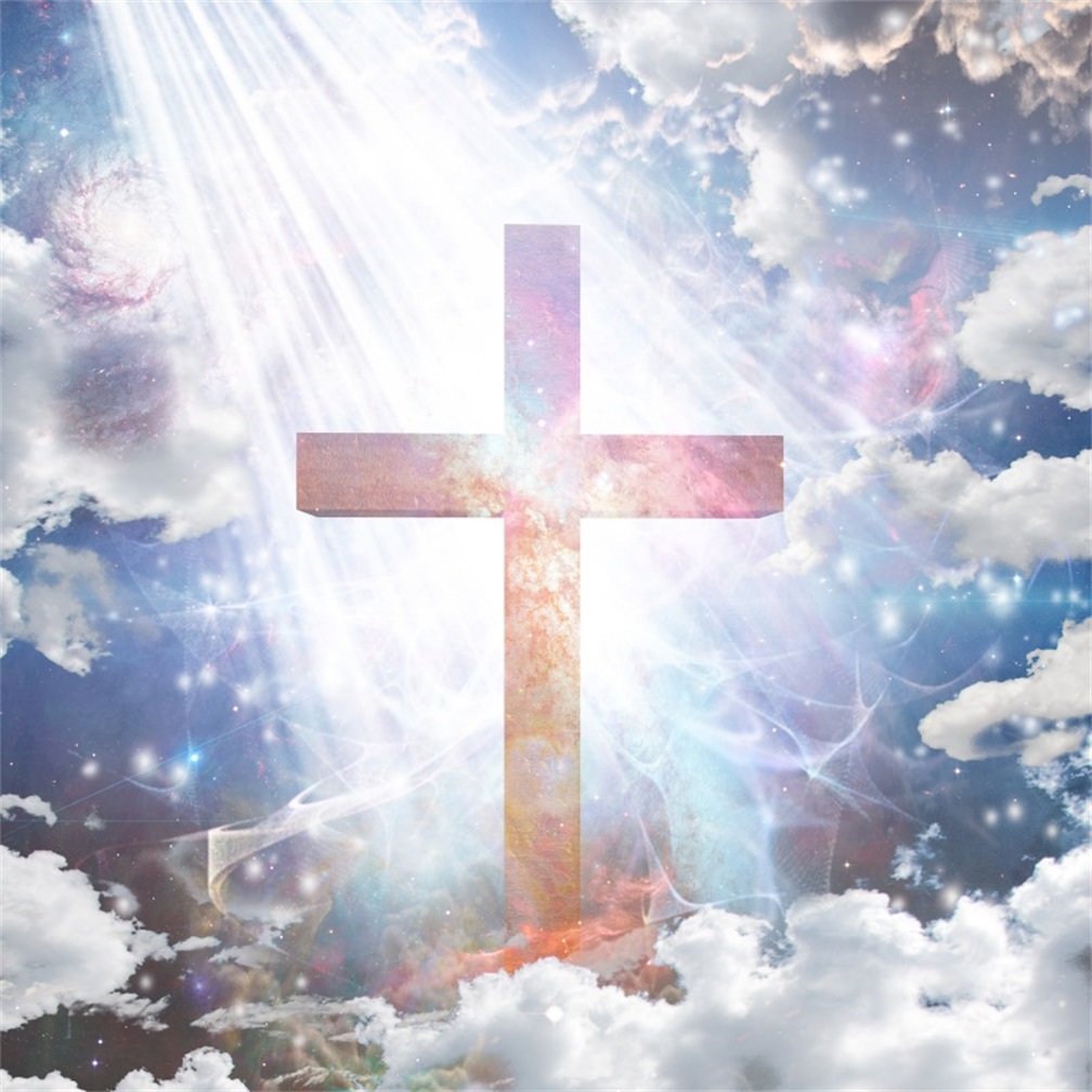 AOFOTO 5x5ft Christian Cross in Sky Background Photography Backdrop Holy Heaven Light Ray Clouds Religious Crucifixion Bless Pray Easter Celebration Photohoot Studio Props Vinyl Wallpaper, CDs & Vinyl