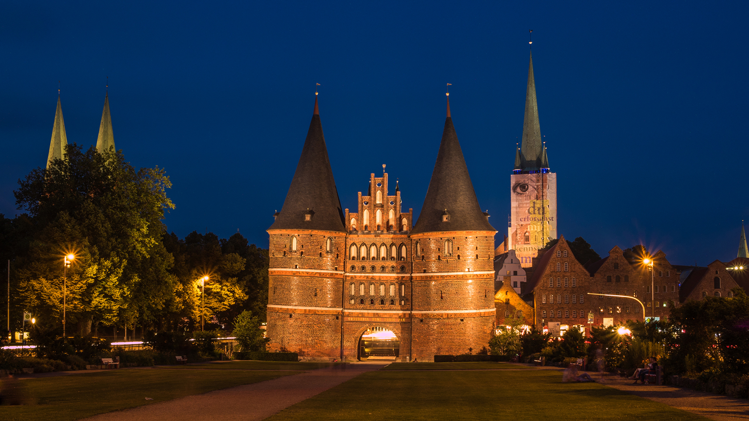 image Germany Luebeck Holstentor Gate Lawn Night Street 2560x1440