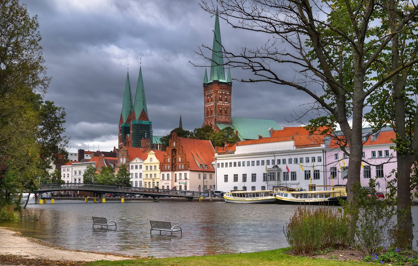 Wallpaper river, home, Germany, Cathedral, Lubeck, bench image for desktop, section город