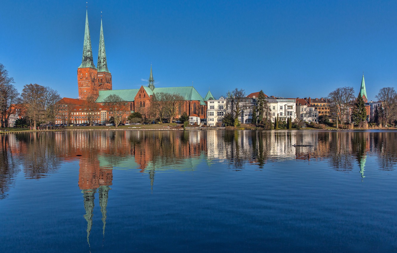 Wallpaper The Sky, Reflection, Blue, Germany, Mirror, Lubeck, Schleswig Holstein, St. Mary's Church, The Grass River Image For Desktop, Section город