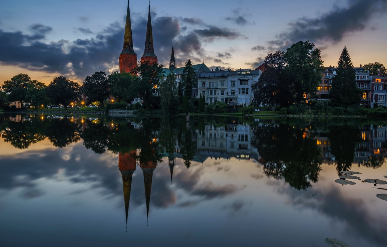 Wallpaper water, trees, lights, reflection, river, shore, home, the evening, Germany, tower, Lubeck, Lubeck image for desktop, section город