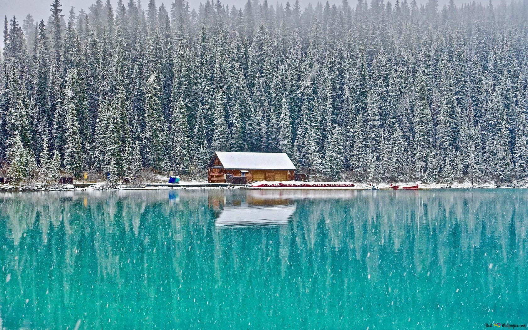 Lakeside Cabin In Snow HD wallpaper download