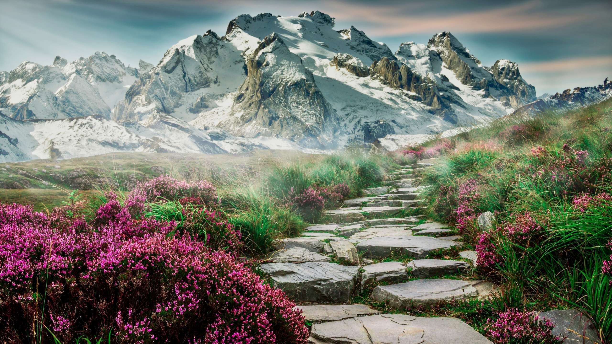Download wallpaper 2560x1440 scenic, spring, mountain, rocks steps, pathway, dual wide 16:9 2560x1440 HD background, 23369