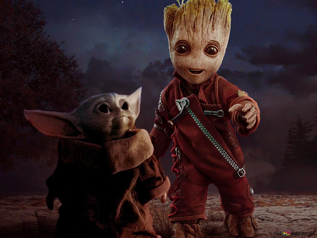 Science fiction movie characters baby yoda and baby groot walking together 2K wallpaper download