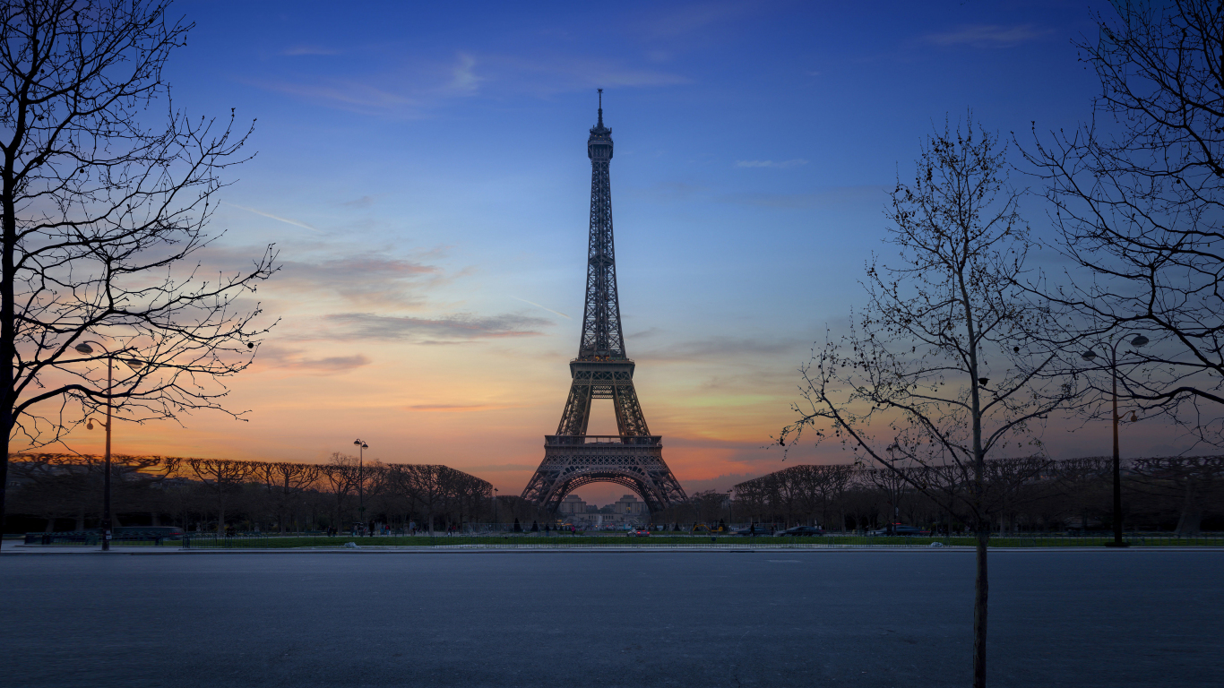 Download wallpaper 1366x768 eiffel tower, paris, city, architecture, sunset, tablet, laptop, 1366x768 HD background, 193