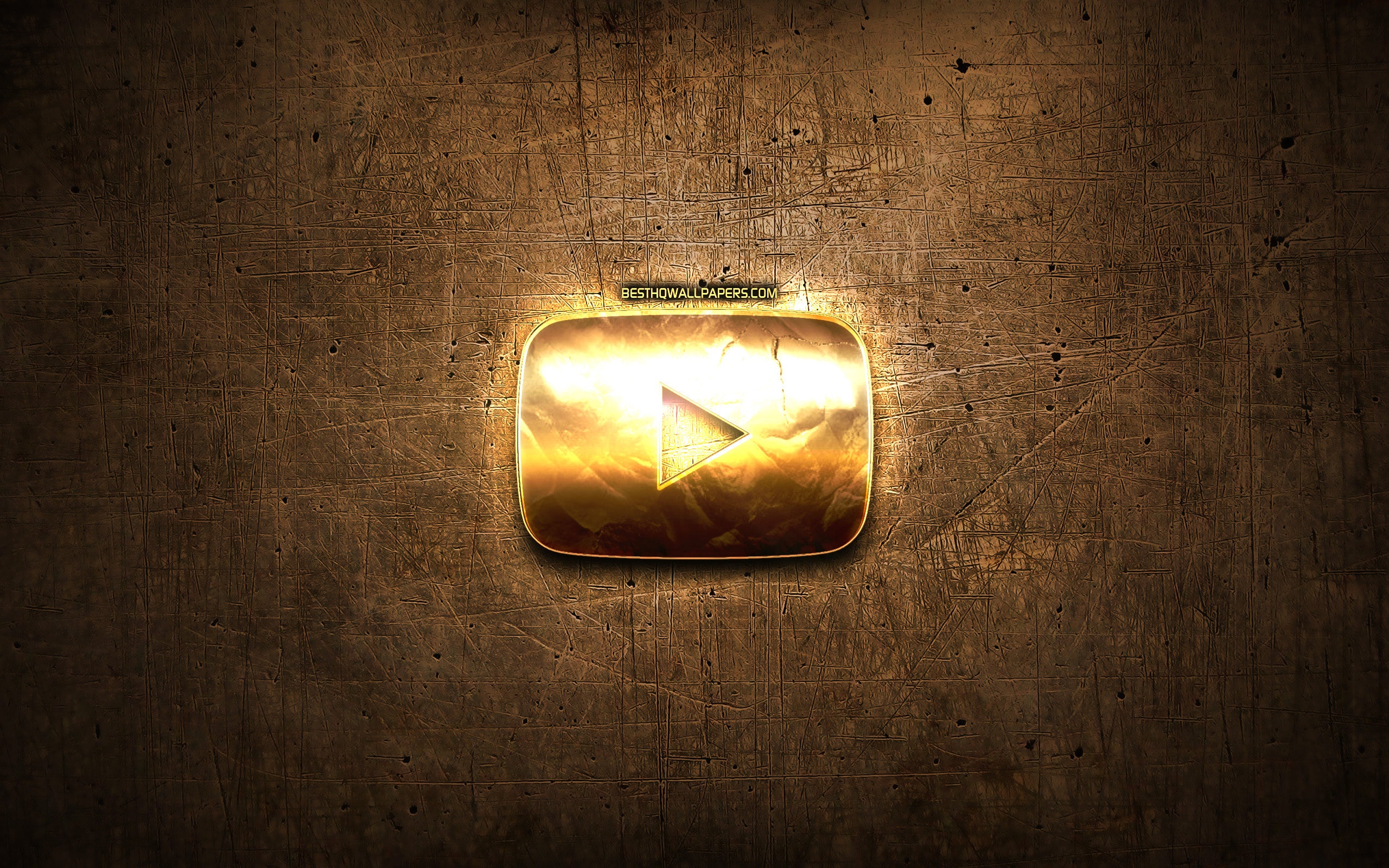 Download wallpaper Youtube golden button, artwork, brown metal background, Youtube golden logo, creative, Youtube logo, brands, Youtube for desktop with resolution 2560x1600. High Quality HD picture wallpaper