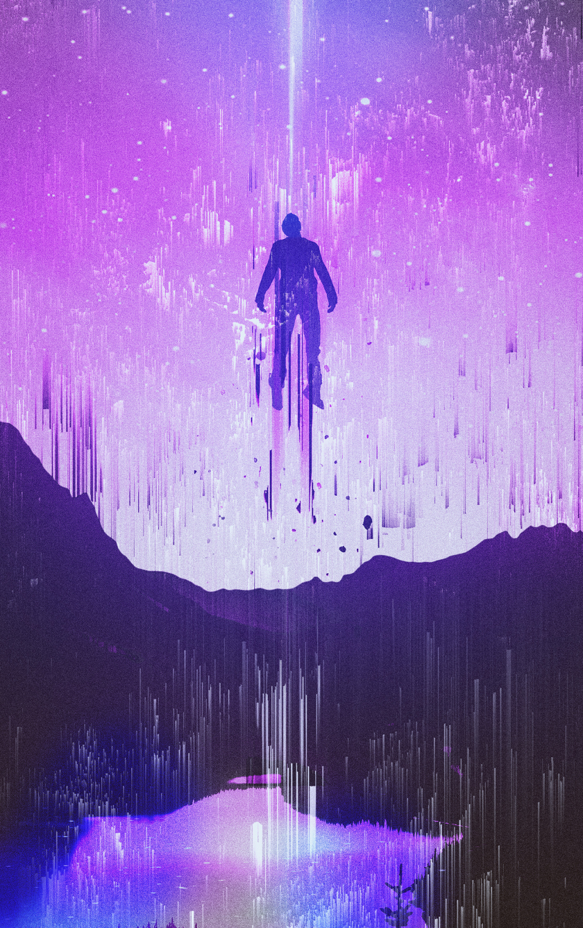 Download wallpaper 840x1336 purple sky, man, dream, glitch art, iphone 5, iphone 5s, iphone 5c, ipod touch, 840x1336 HD background, 7914