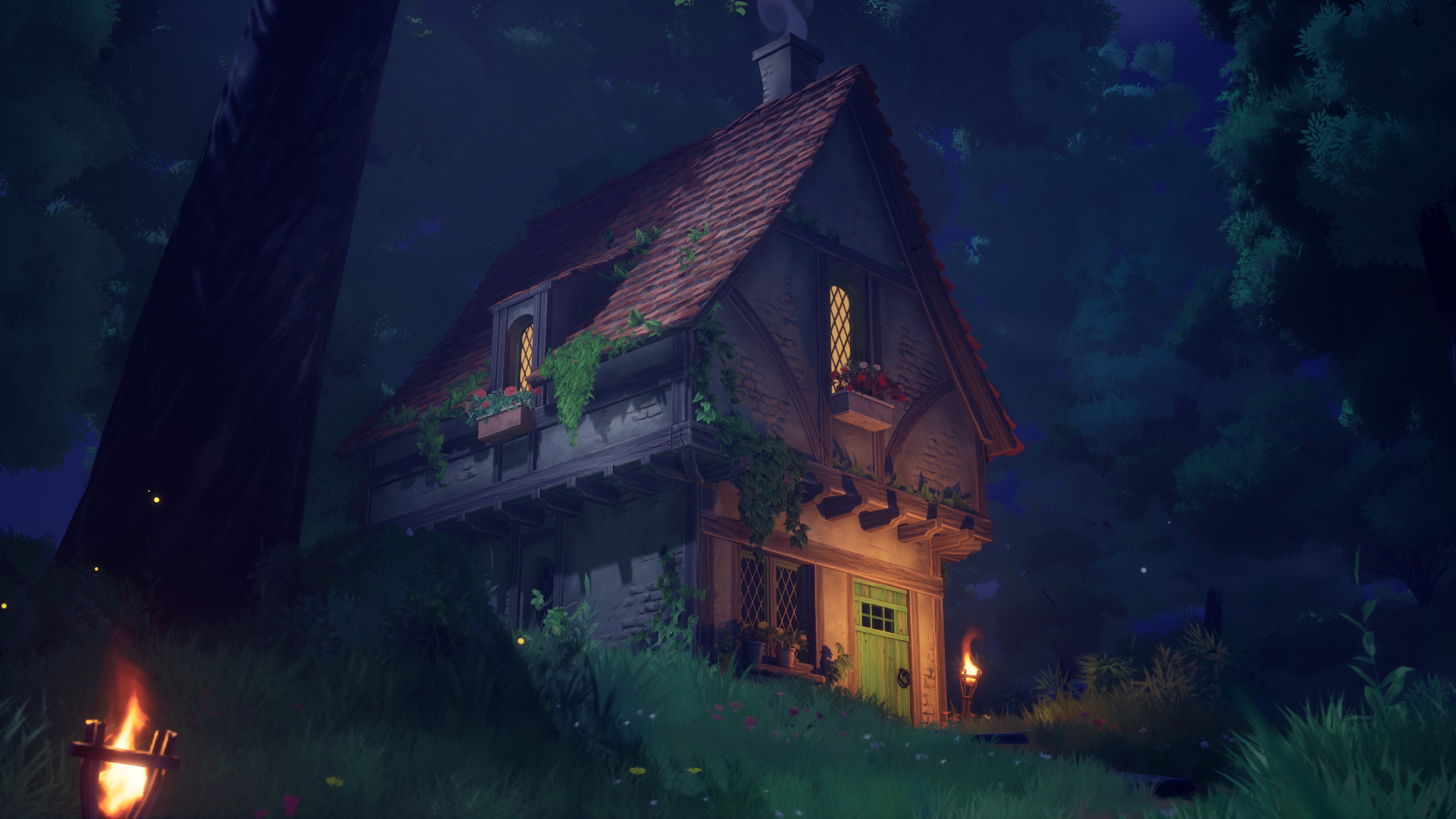 PC WALLPAPER 4K COZY FOREST HOUSE