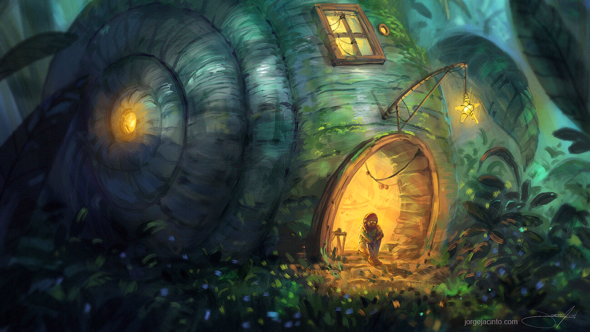 Wallpaper, Jorge Jacinto, digital art, artwork, fantasy art, alone, sitting, house, lantern, shell, Fantasy Architecture, plants, night 1920x1080