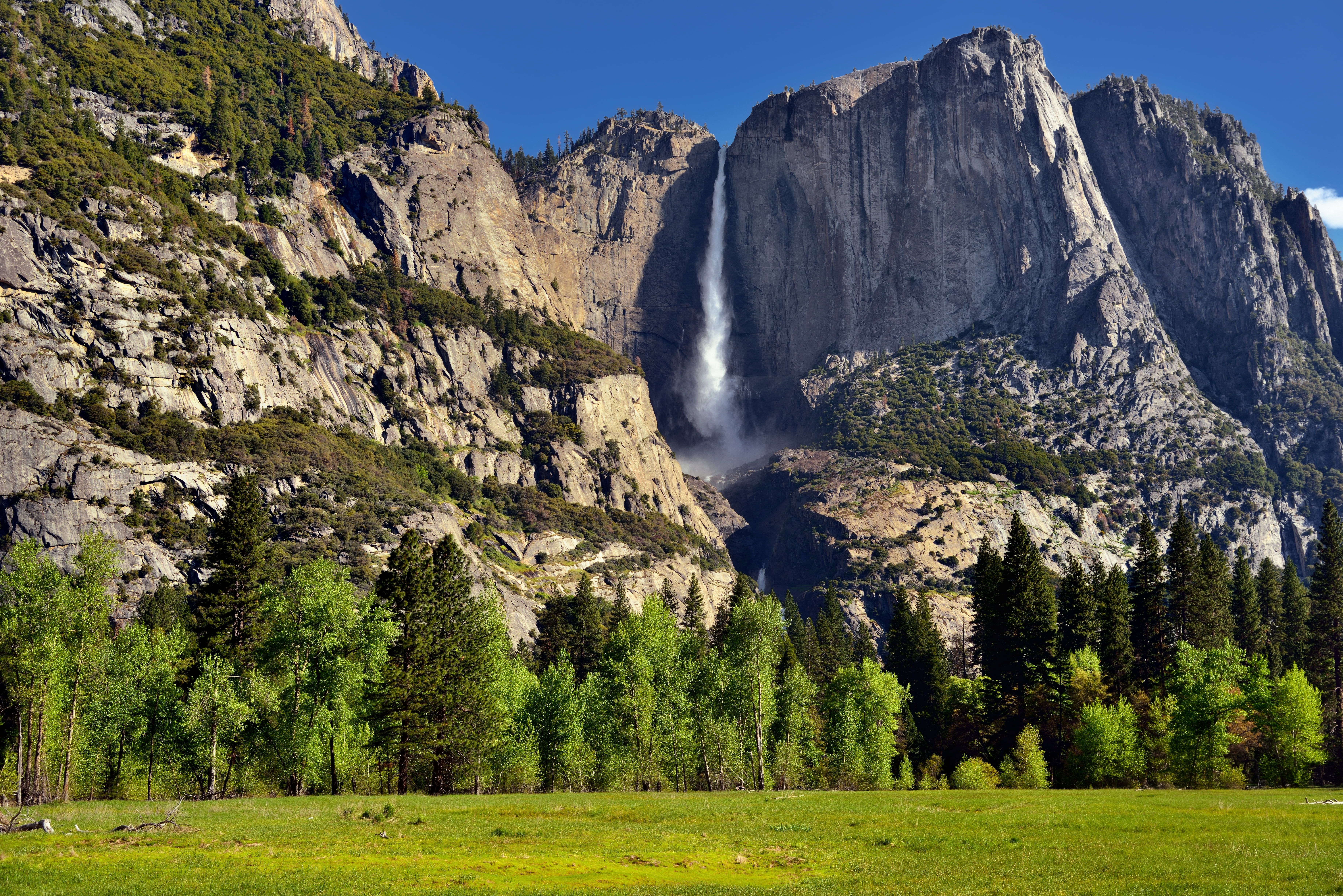 HD wallpaper: waterfall in mountain side landscale photography, Yosemite Falls. Yosemite falls, Yosemite, Waterfall