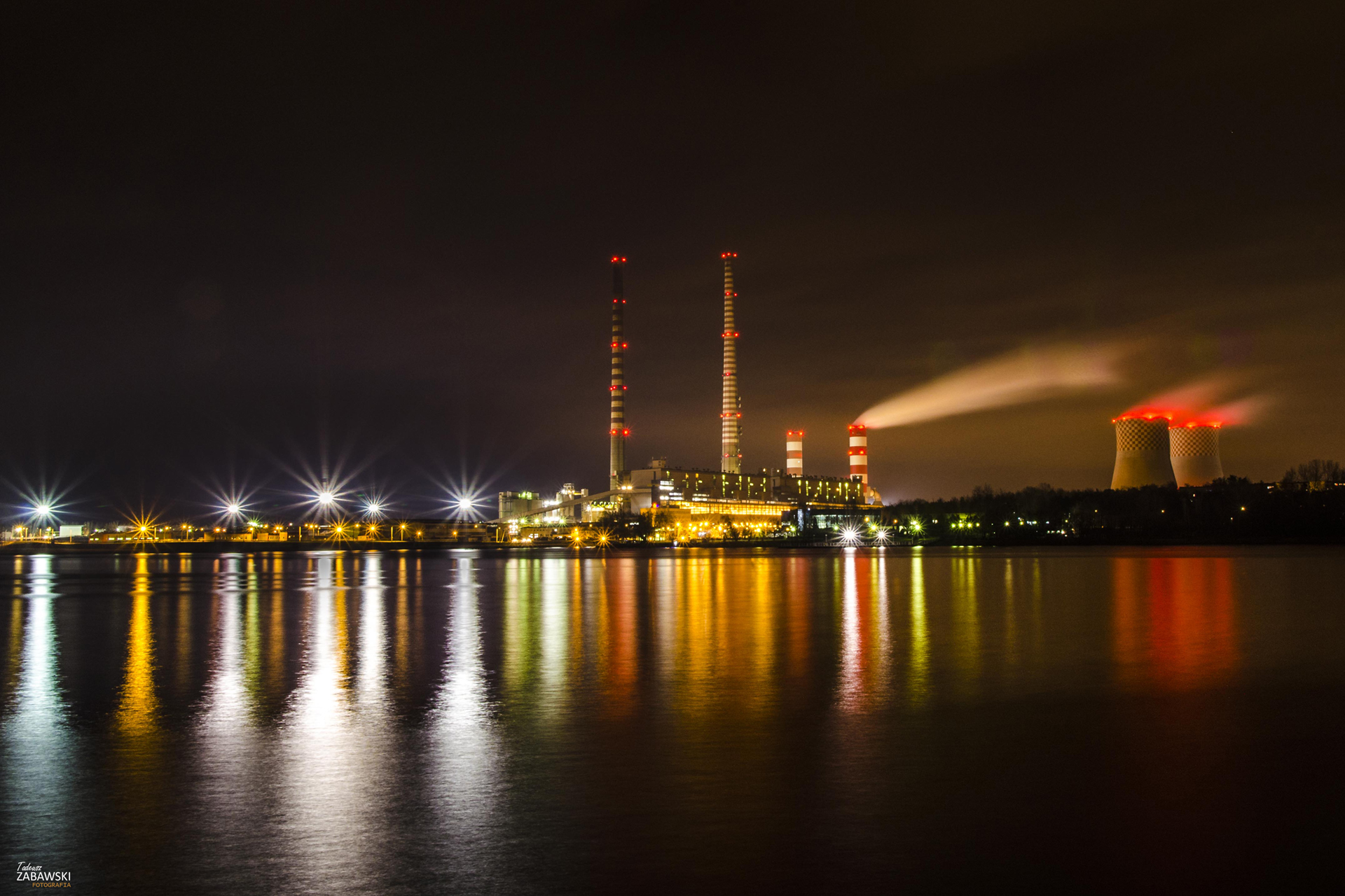 Wallpaper, water, light, power, station, electricity, reflections, rybnik, Poland, chimneys, coolers, city, lights, building, industrial 1920x1280