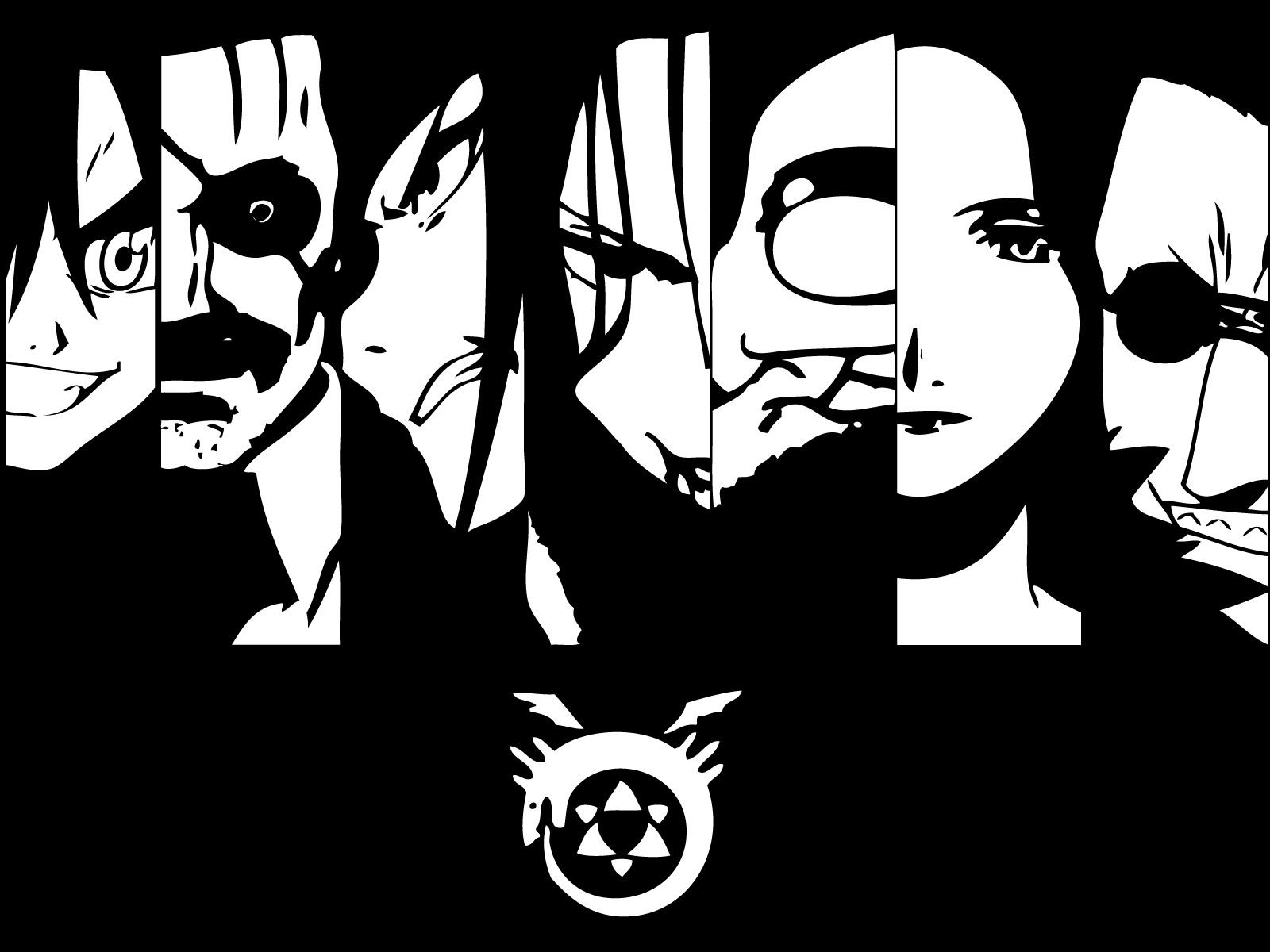 Wallpaper, drawing, illustration, anime, minimalism, collage, cartoon, Full Metal Alchemist, Lust, Envy, Greed, pride, Gluttony, Wrath, homunculi, sketch, black and white, monochrome photography, font 1600x1200