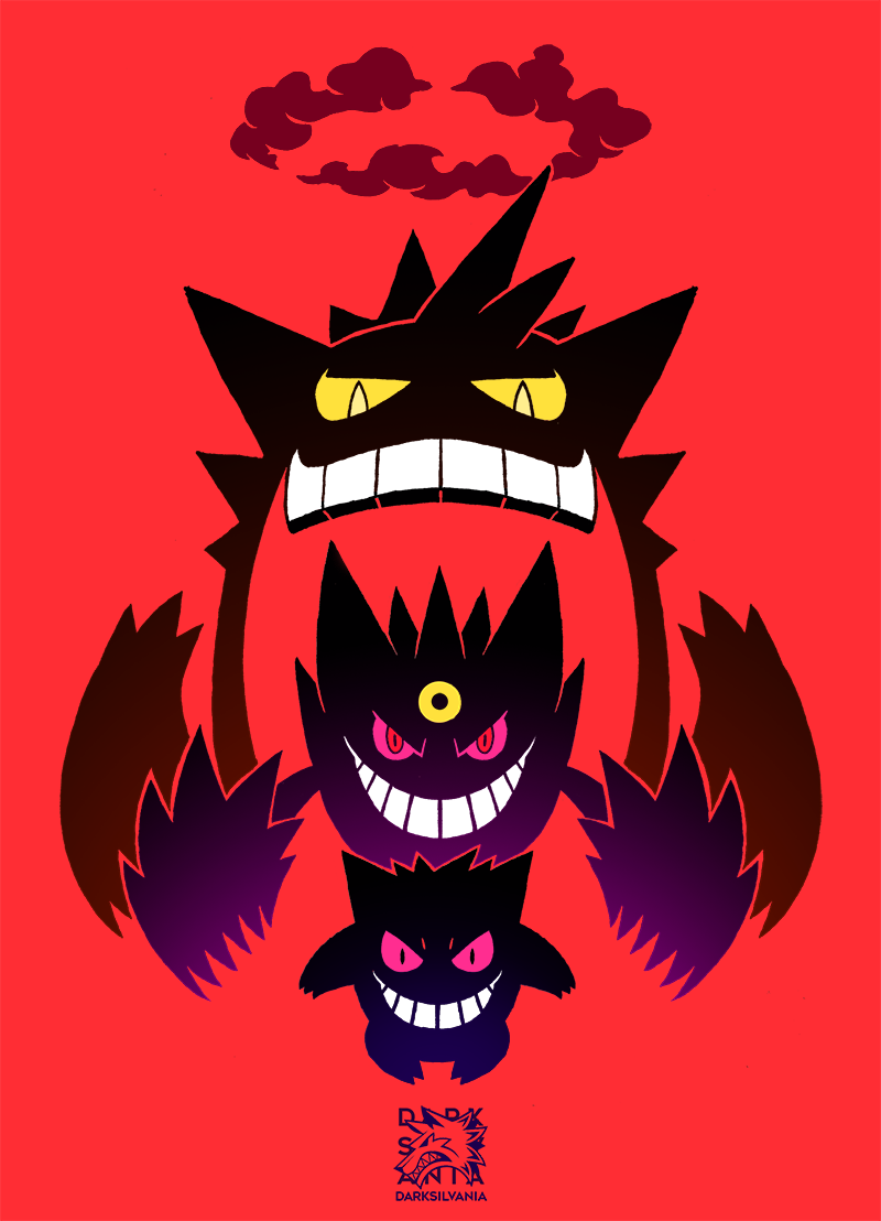 Free Request I found this cool Pokemon artwork of Gengar and wished to change the colors of Mega Gengar and Gigantamax Gengar to their shiny colorations and the background color to blue