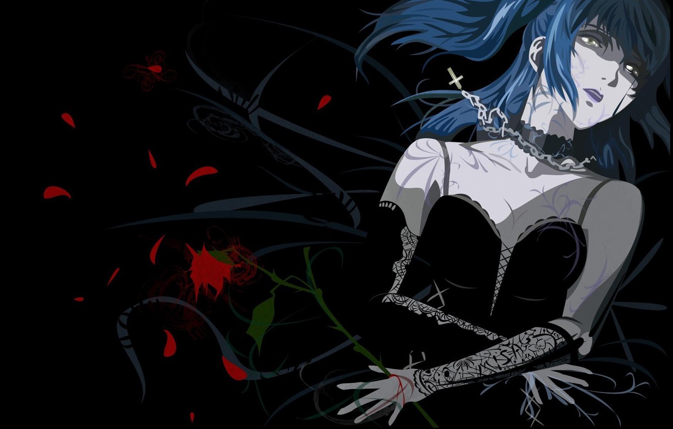 Wallpaper void, loneliness, darkness, black dress, death note, death note, Amane Misa, stems with thorns, cross necklace, by Takeshi Obata image for desktop, section сёнэн