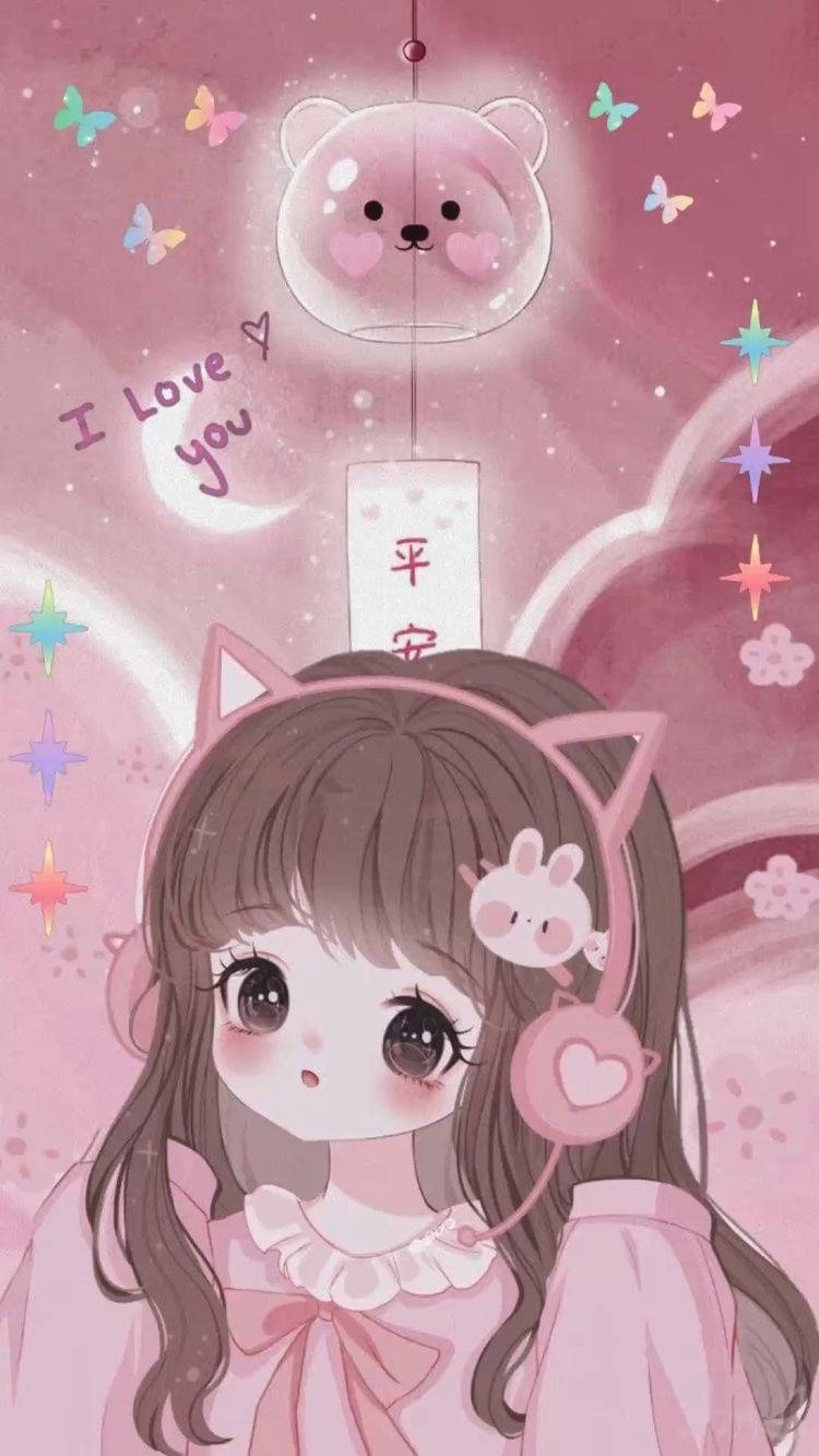 Download Aesthetic Pink Anime Girl Cat Headphones Wallpaper