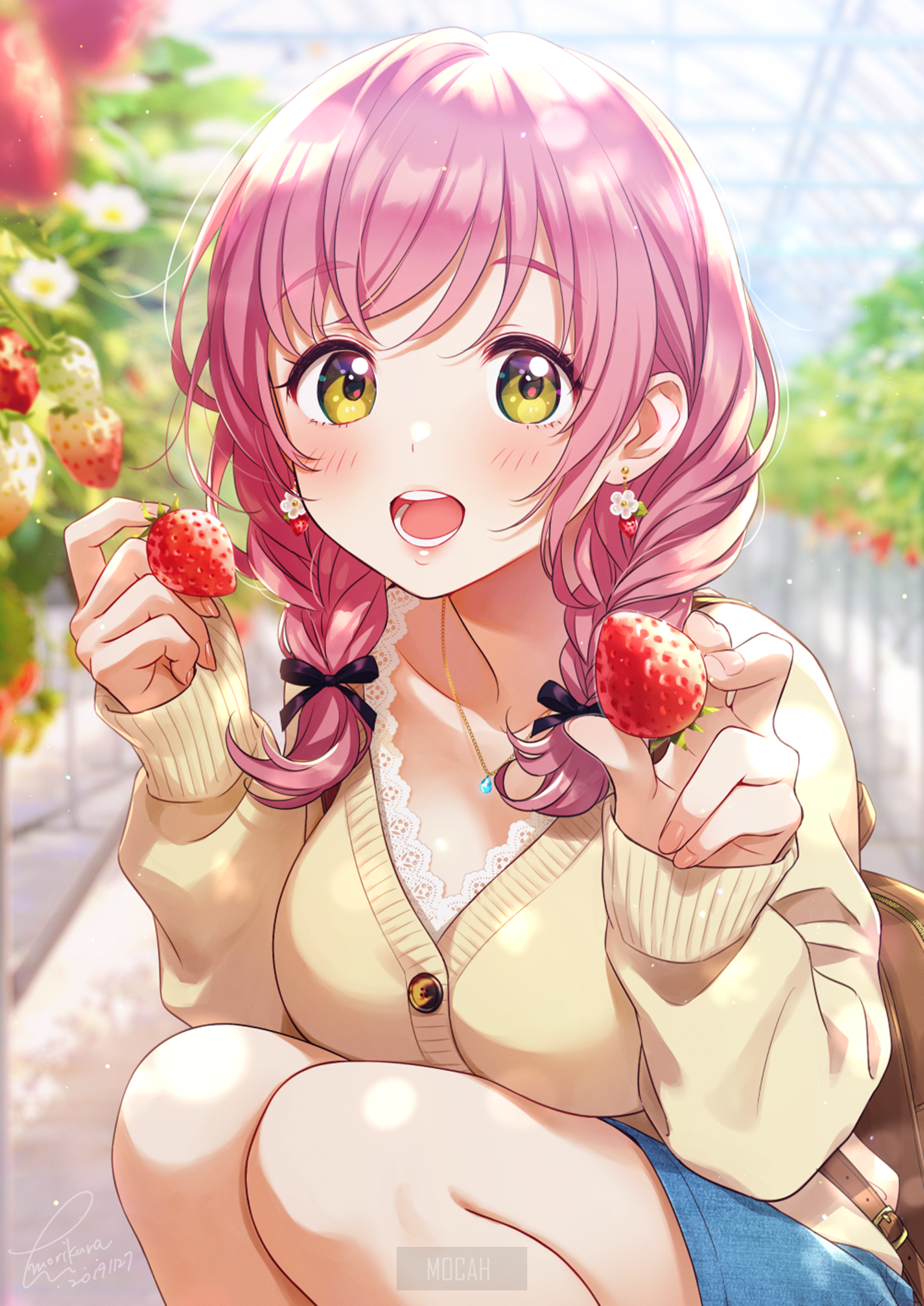 anime, anime girl, yellow eyes, strawberries, fruit, food, pink hair wallpaper full hd, 2124x3000 Gallery HD Wallpaper