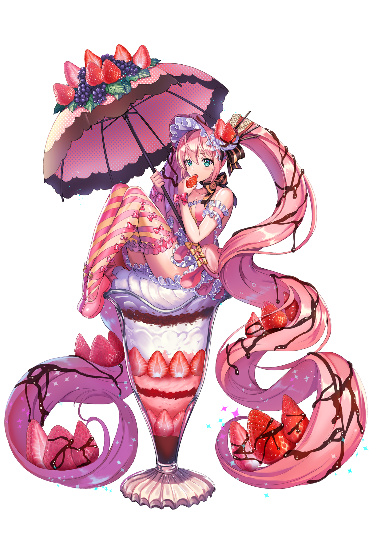 Anime Anime Girls Long Hair Pink Hair Umbrella Minigirl Glass Ice Cream Black Background Strawberrie Wallpaper:1200x1800
