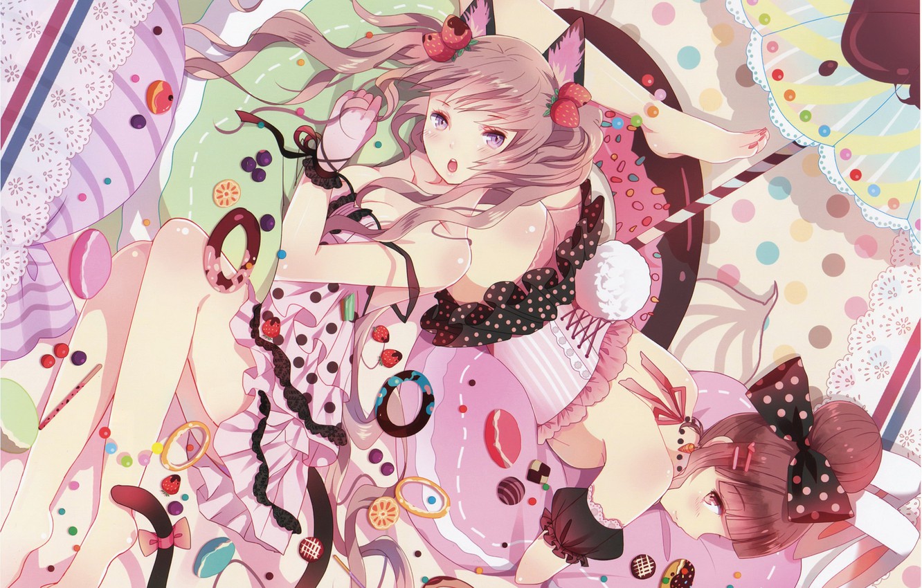 Wallpaper umbrella, strawberry, sweets, corset, lace, lacing, cat ears, neko girl, two girls, rabbit girl, rabbit ears, by Domotolain image for desktop, section сёдзё