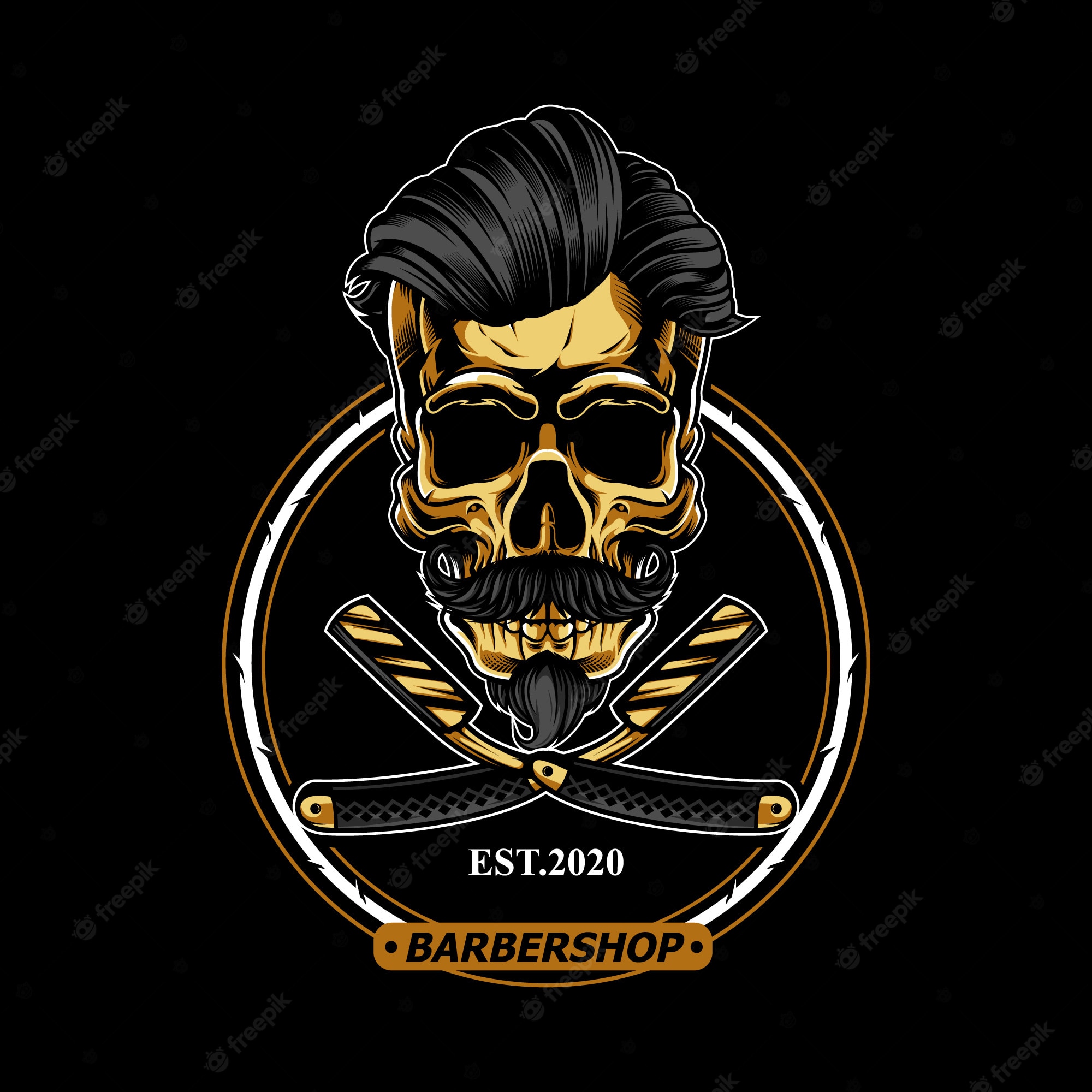 Premium Vector. Gold skull for barbershop logo