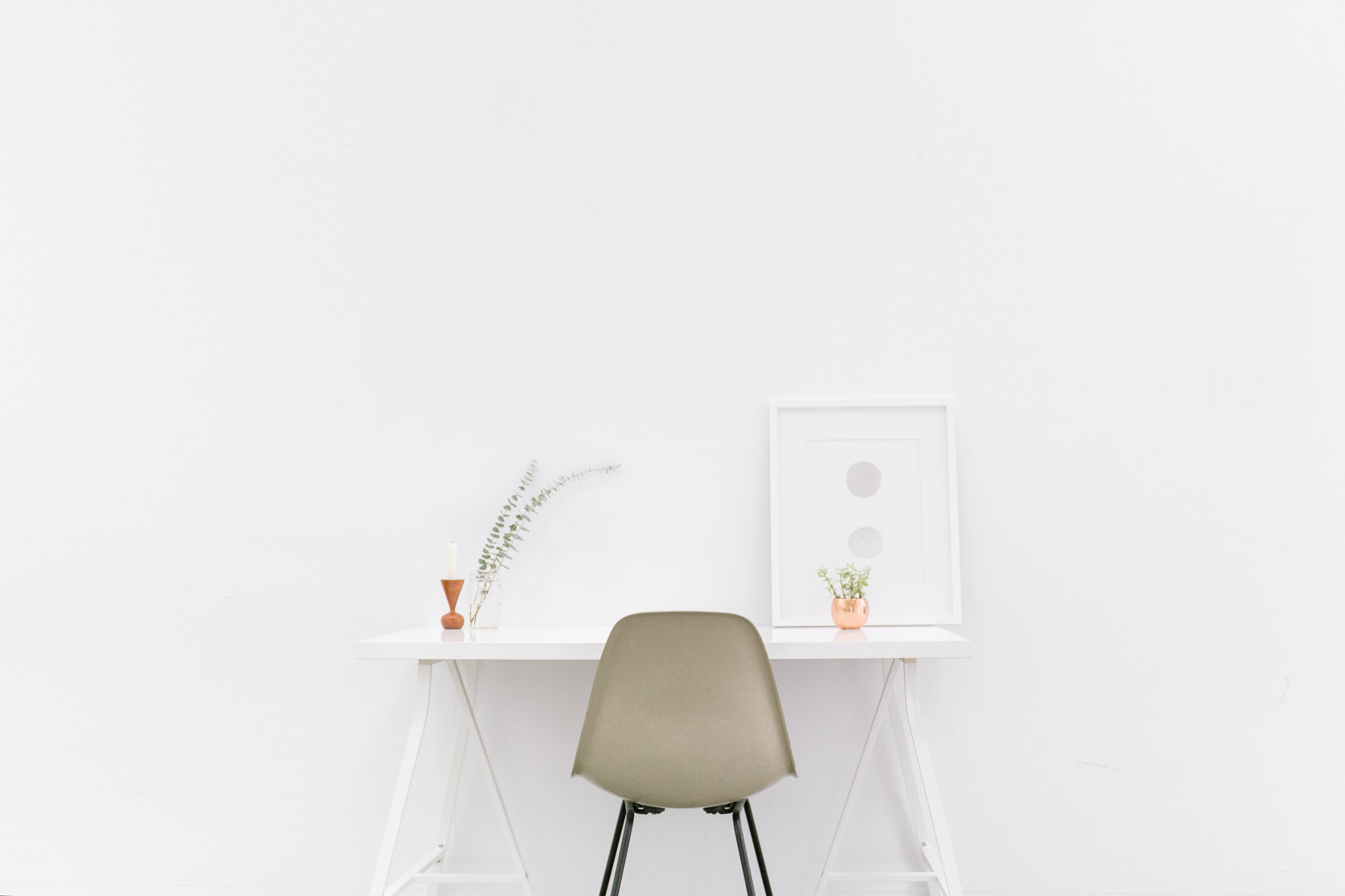 3500x2333 desk, white space, minimalist, table, bright, white, home office, empty, Free , seat, lifestyle, writer, calm, minimalism, white desk, chair, wallpaper, office, furniture, simple, space Gallery HD Wallpaper