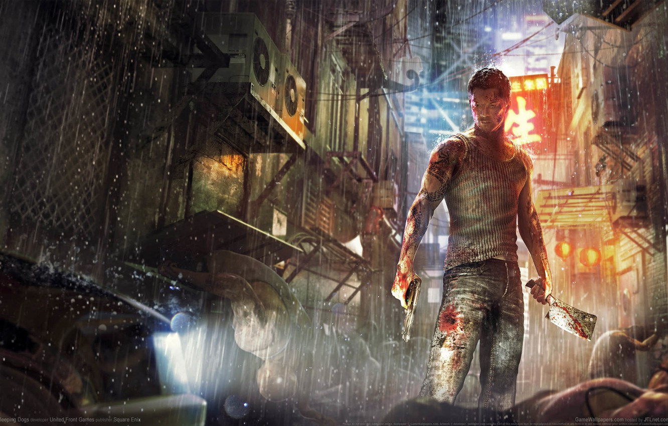 Wallpaper drops, gun, weapons, rain, blood, Hong Kong, Hong Kong, game wallpaper, cleaver, Sleeping Dogs, Sleeping dogs, Shen Wei, Shen Wei image for desktop, section игры