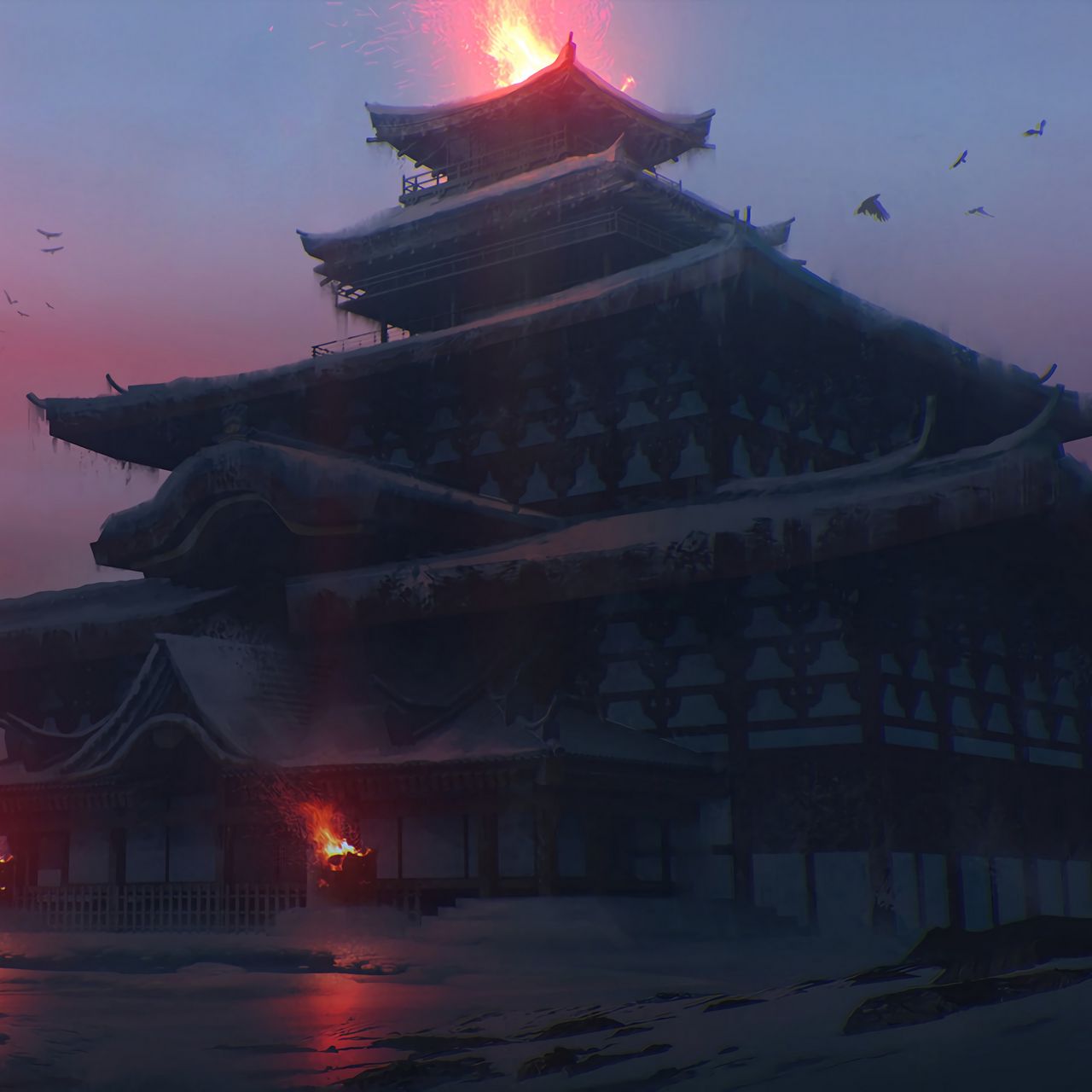 Download wallpaper 1280x1280 pagoda, temple, castle, japanese temple, fantasy, art ipad, ipad 2, ipad mini for parallax HD background