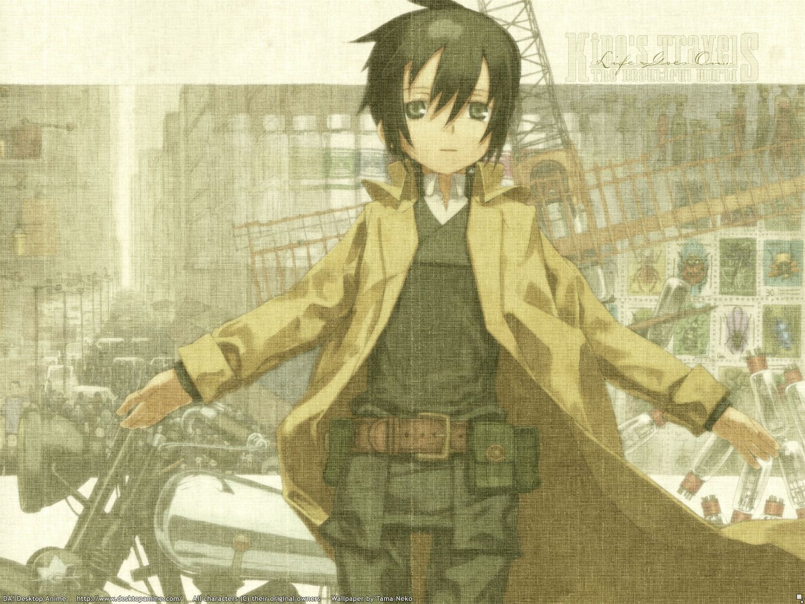 Wallpaper text, shoes, motorcycle, gloves, art, mattress, kino no tabi,  kouhaku kuroboshi for mobile and desktop, section сёнэн, resolution  2550x1840 - download