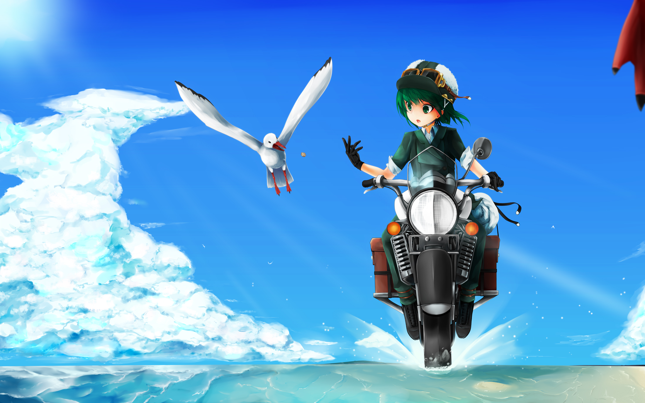 Animal bird clouds gloves goggles green eyes green hair hat ilis kino kino no tabi motorcycle short hair sky wallpaperx1375