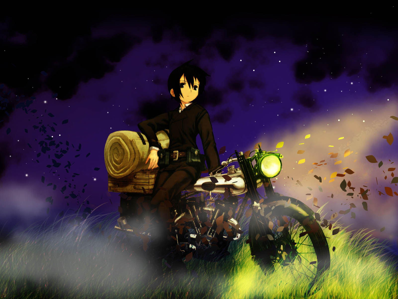 Wallpaper text, shoes, motorcycle, gloves, art, mattress, kino no tabi,  kouhaku kuroboshi for mobile and desktop, section сёнэн, resolution  2550x1840 - download