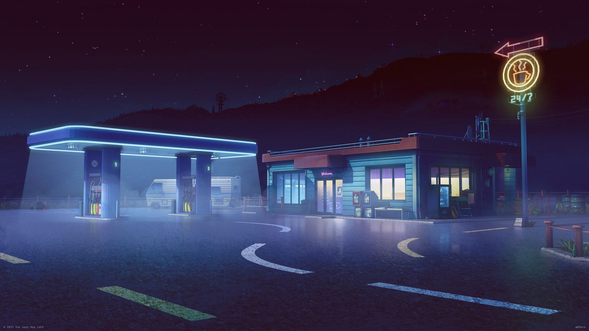 Gas Station by Bogdan mB0sco. Gas station, Pixel art landscape, Background