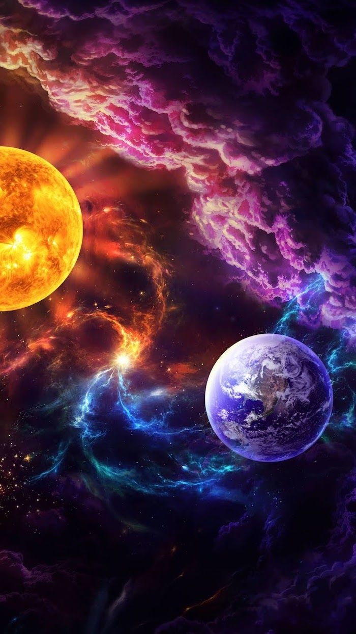 Earth And The Sun Cartoon Image With Galaxy In Different Colors Around Them Purple Galaxy Background. Galaxy Wallpaper, Cool Galaxy Wallpaper, Galaxies Wallpaper