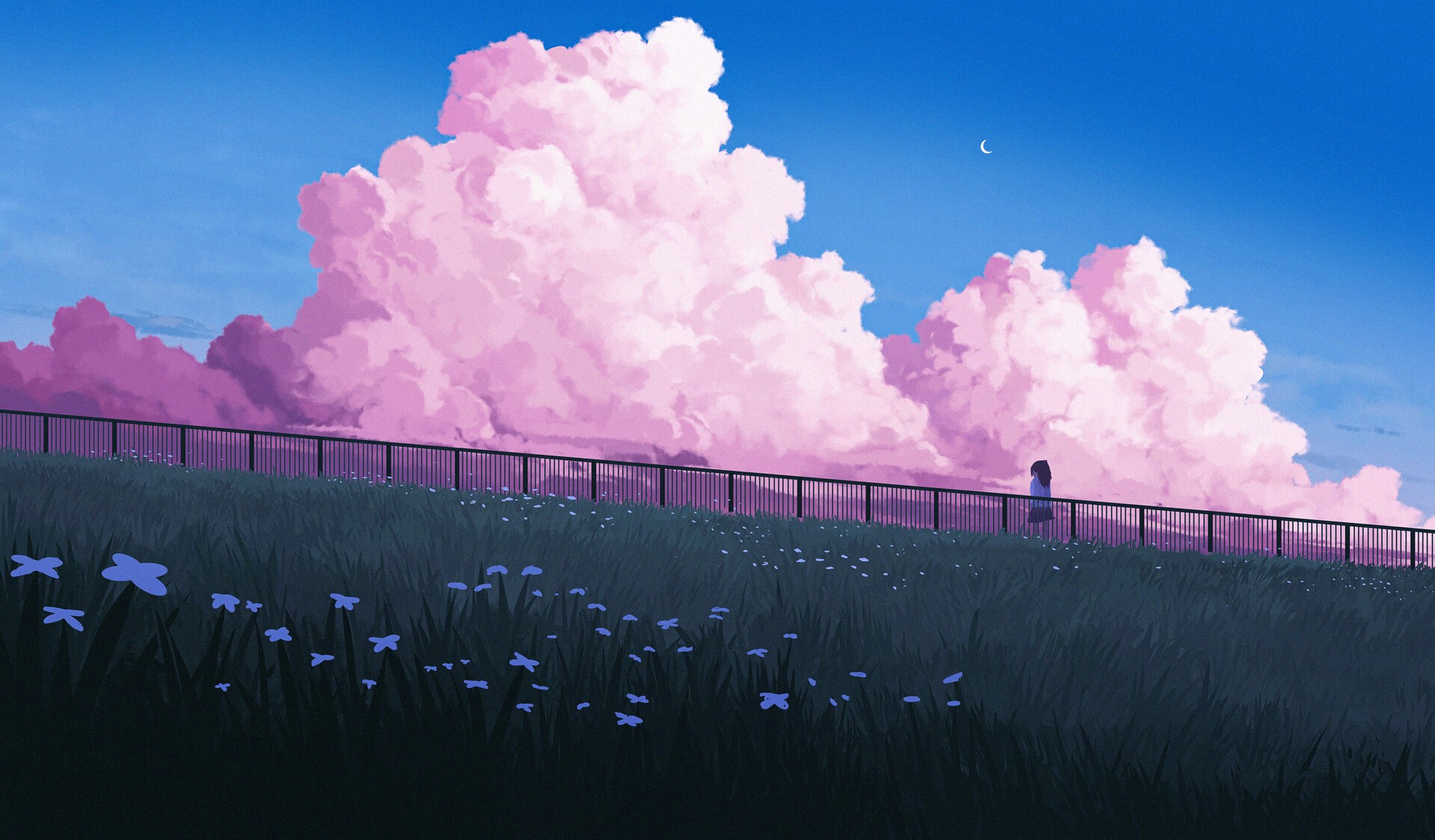 flowers, alone, Moon, digital art, clouds, pink Gallery HD Wallpaper