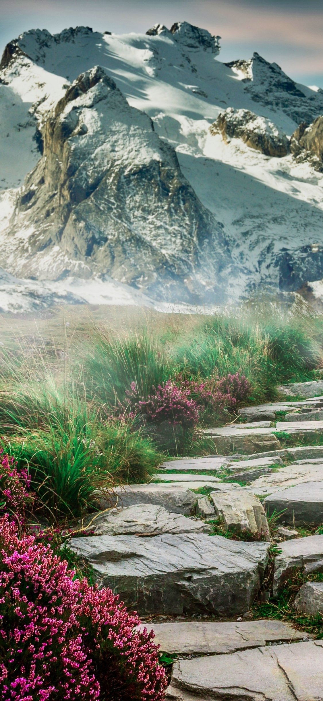 Download wallpaper 1125x2436 scenic, spring, mountain, rocks steps, pathway, iphone x, 1125x2436 HD background, 23369