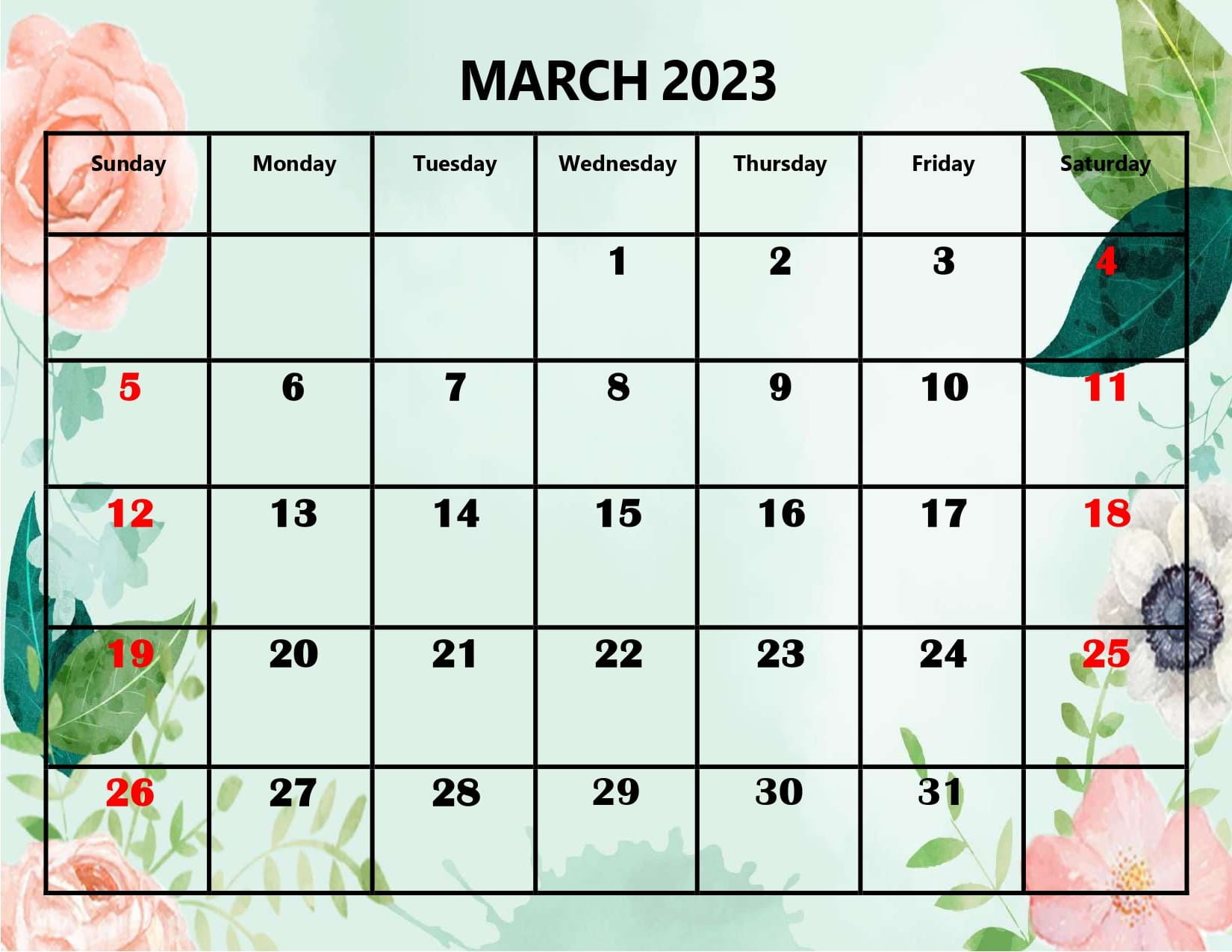 Blank March 2023 Calendar Printable PDF Templates