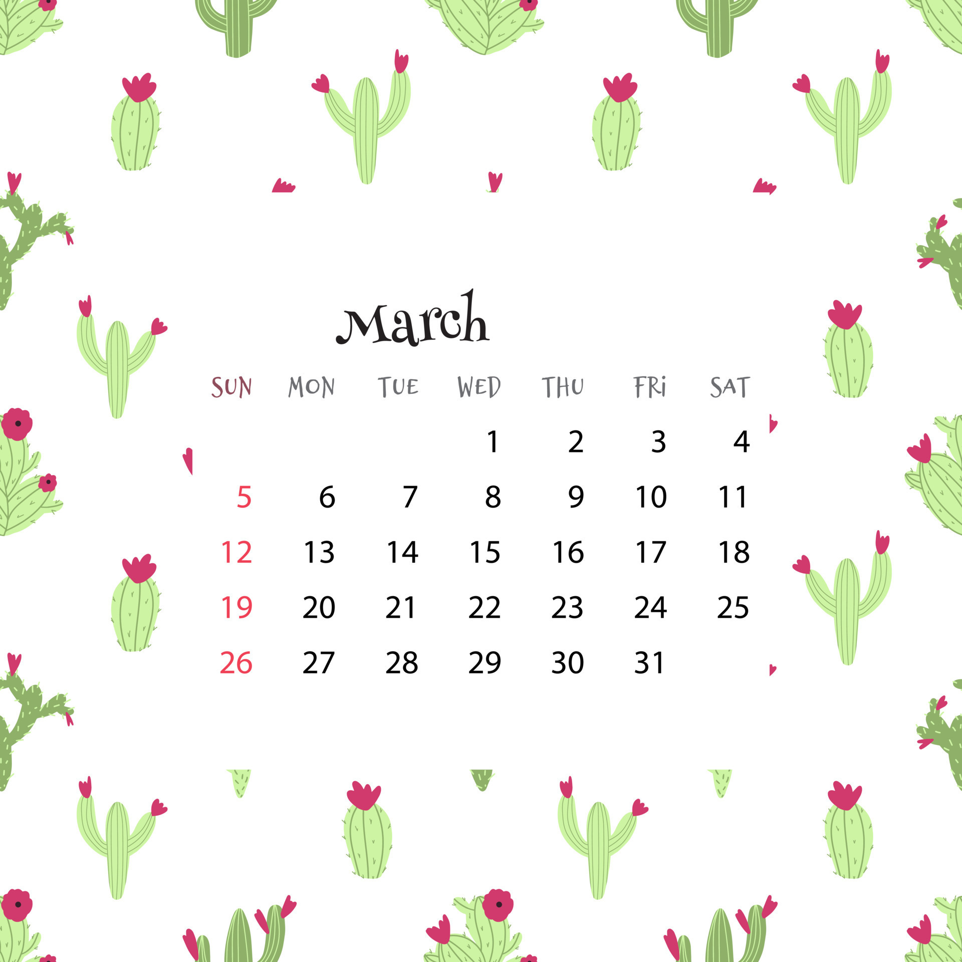 2023 Calendar for March. Vector illustration of month calendar on seamless pattern with cactus in cartoon flat style. Colorful backgroud with month grid. 11380203 Vector Art at Vecteezy